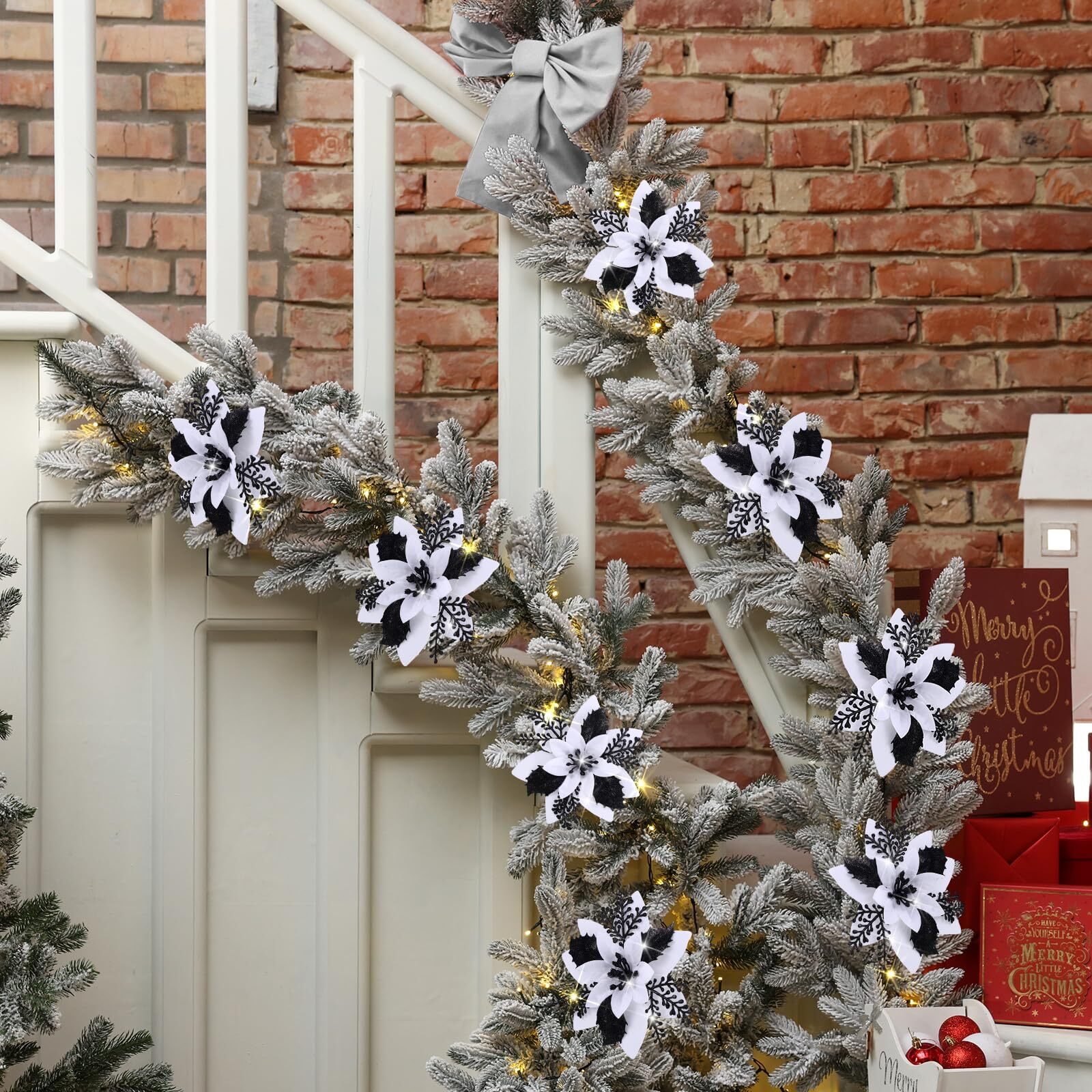 6.3 Inch Artificial Poinsettias Christmas Glitter Flowers with Clips Xmas Tre…
