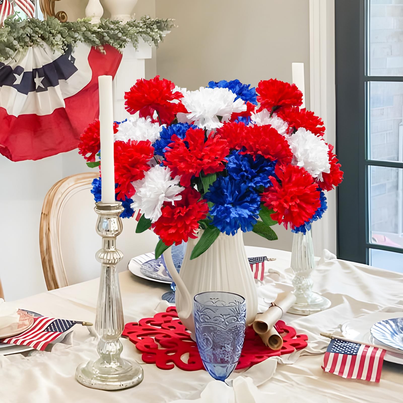 6Pcs Red White Blue Faux Mums Flowers for 4th of July Decor, Patriotic Memori…