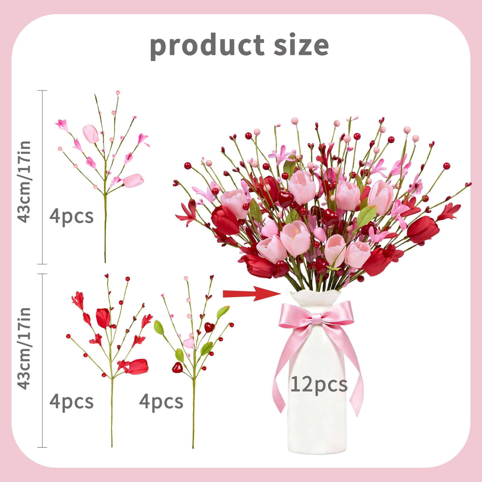 12 PCS Artificial Valentine Decor 17 Inch Pink Picks Red Tulip Berries Wedding