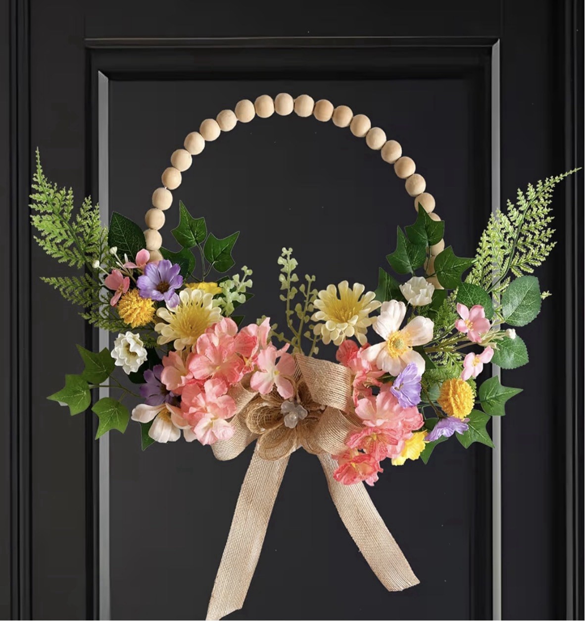 16 Inch Artificial Spring Wooden Bead Wreath with Flower Bow Summer Hydrangea