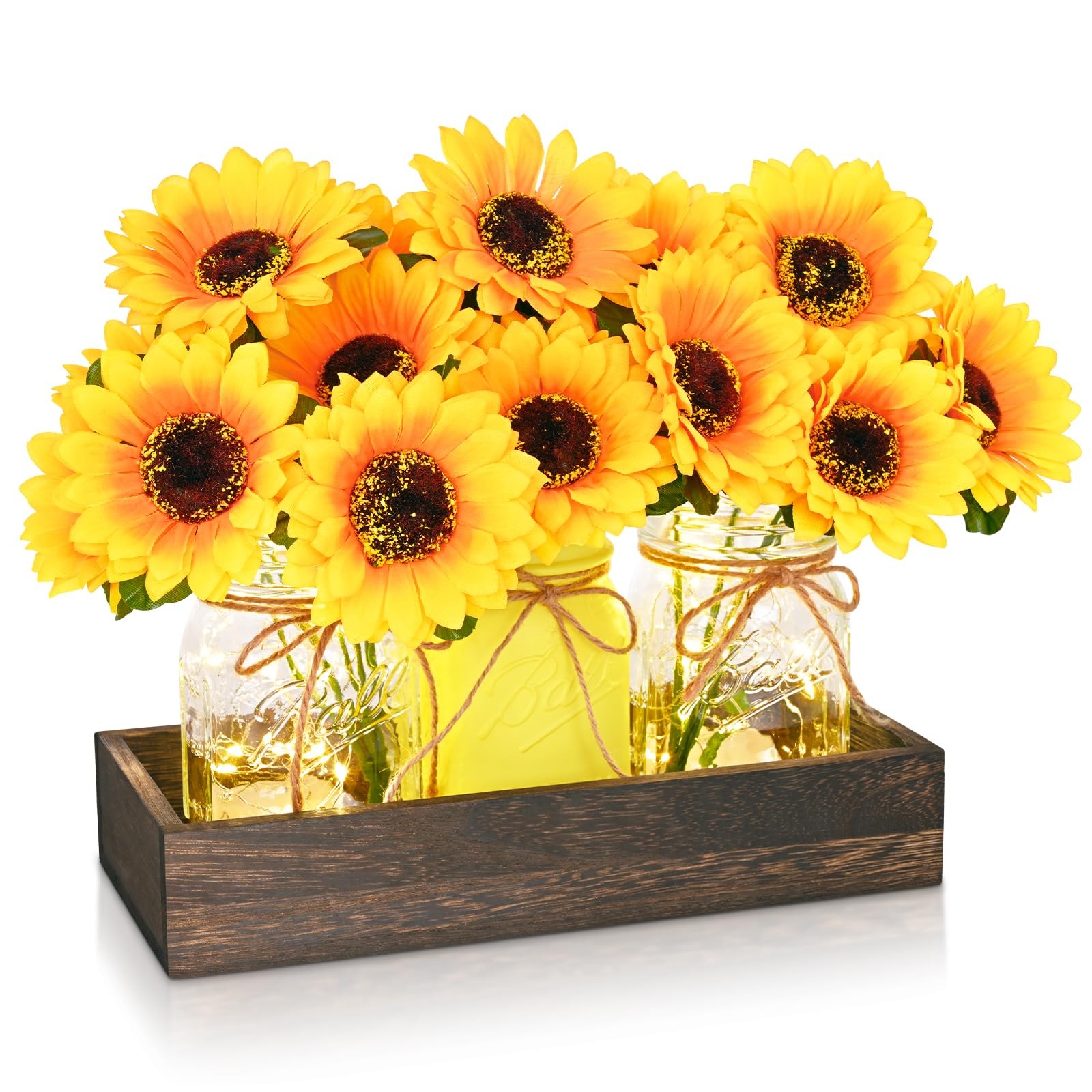Centerpiece Table Decorations – 3Pcs Sunflowers Artificial Flowers in Mason Jars