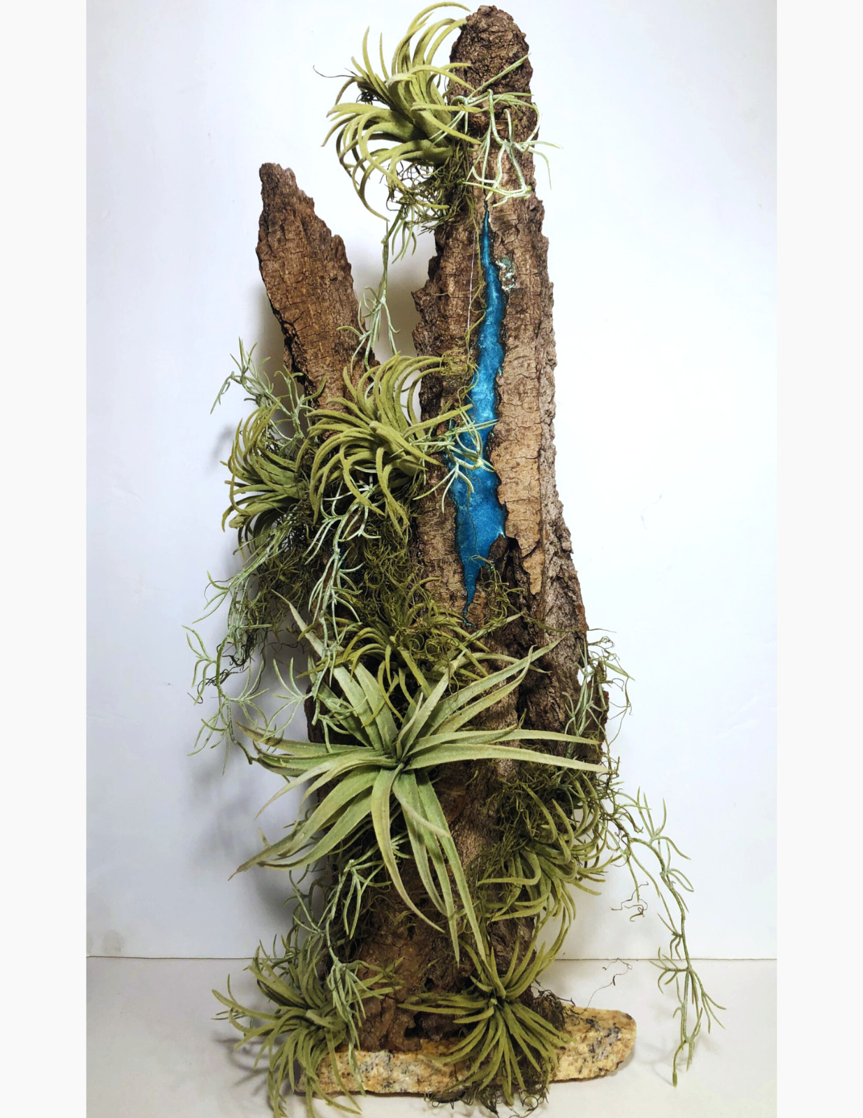 Artificial Succulent Air Plant Home Office Mounted on Real Wood Bark and Stone