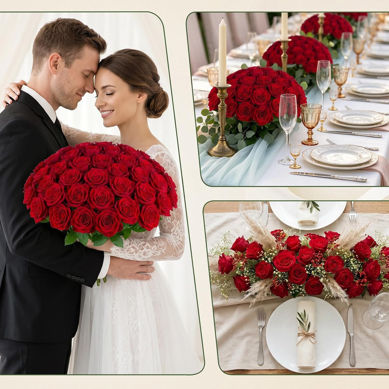 50 Pcs Artificial Roses +10 Eucalyptus + 1 Sachet (Rose Red) | Fake Velvet Silk