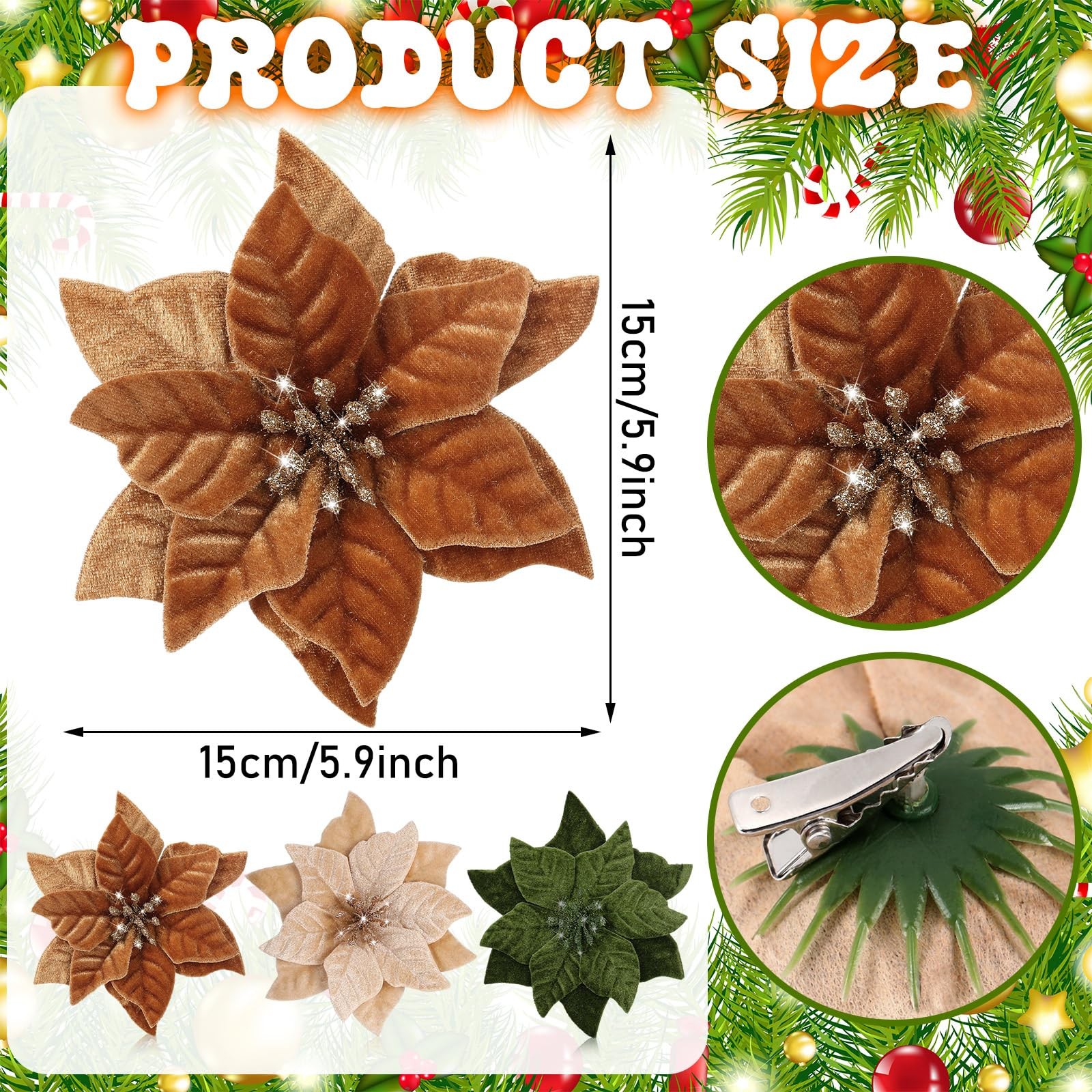 12 Pcs Artificial Neutral Christmas Poinsettia Flower 5.9 Inch Velvet