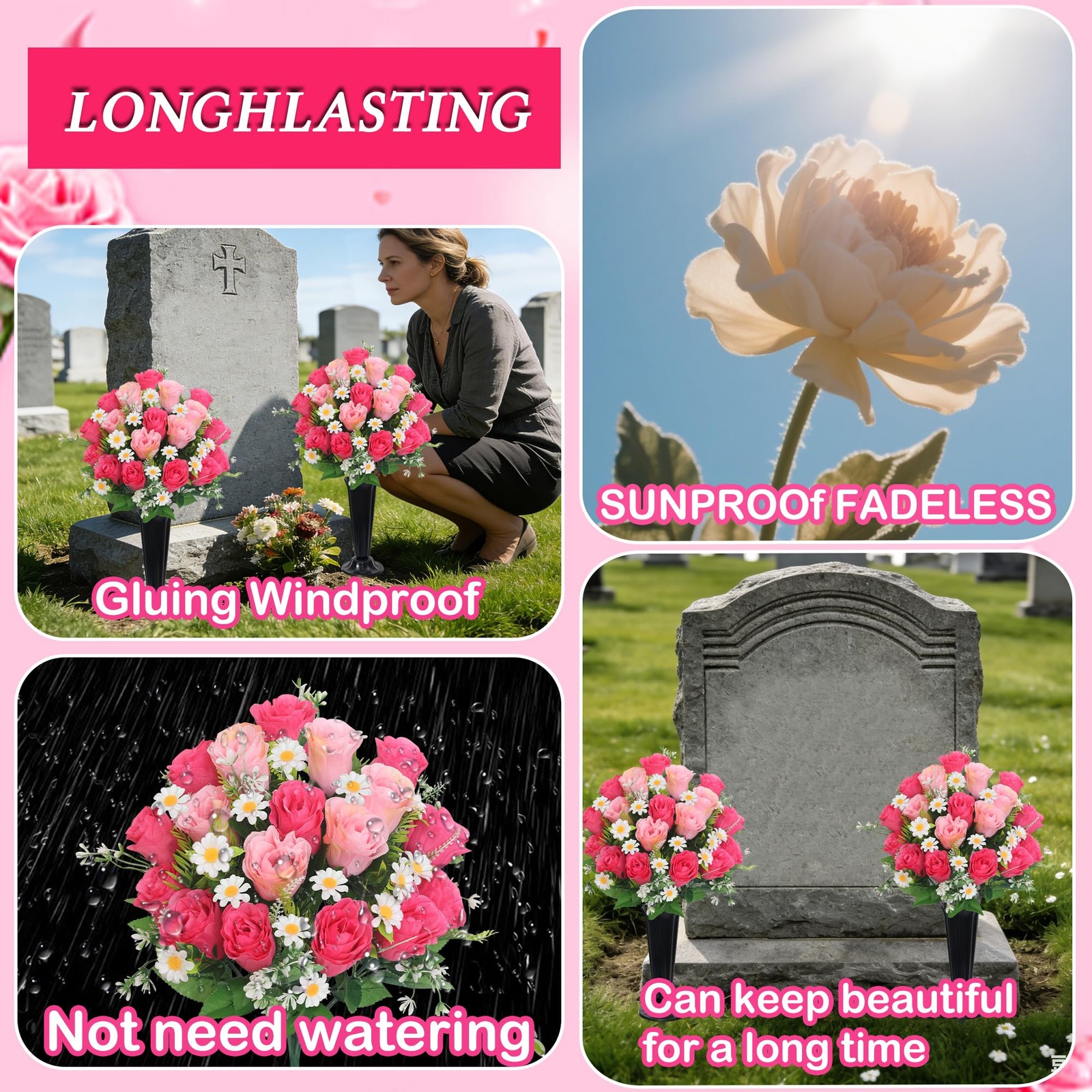 Artificial Cemetery Flowers for Grave Memorial Day Flowers for Cemetery,2Pack…