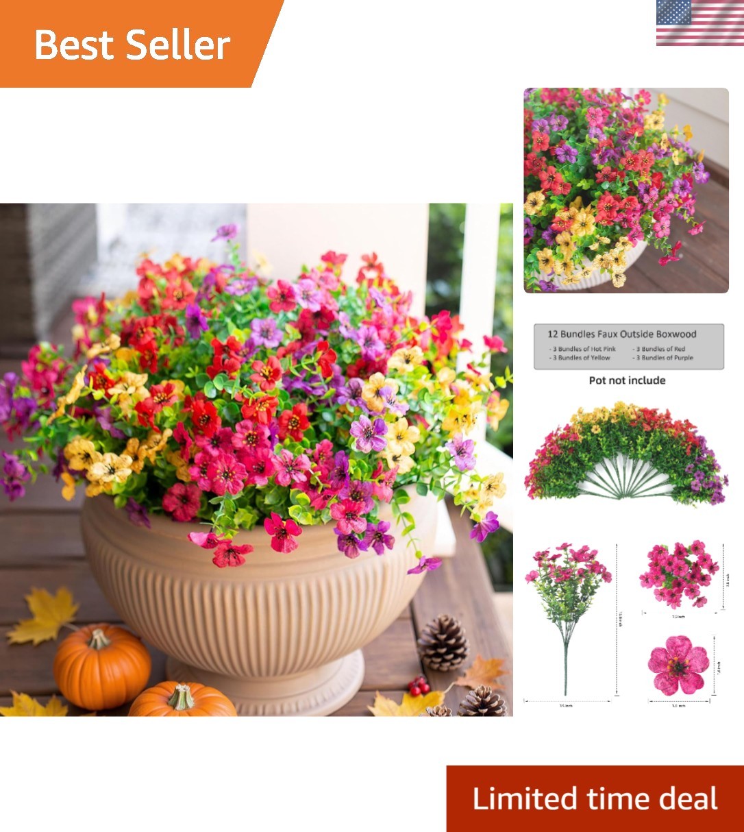 Colorful Mix of Pink, Red, Purple & Yellow Faux Flowers for Garden Decoration