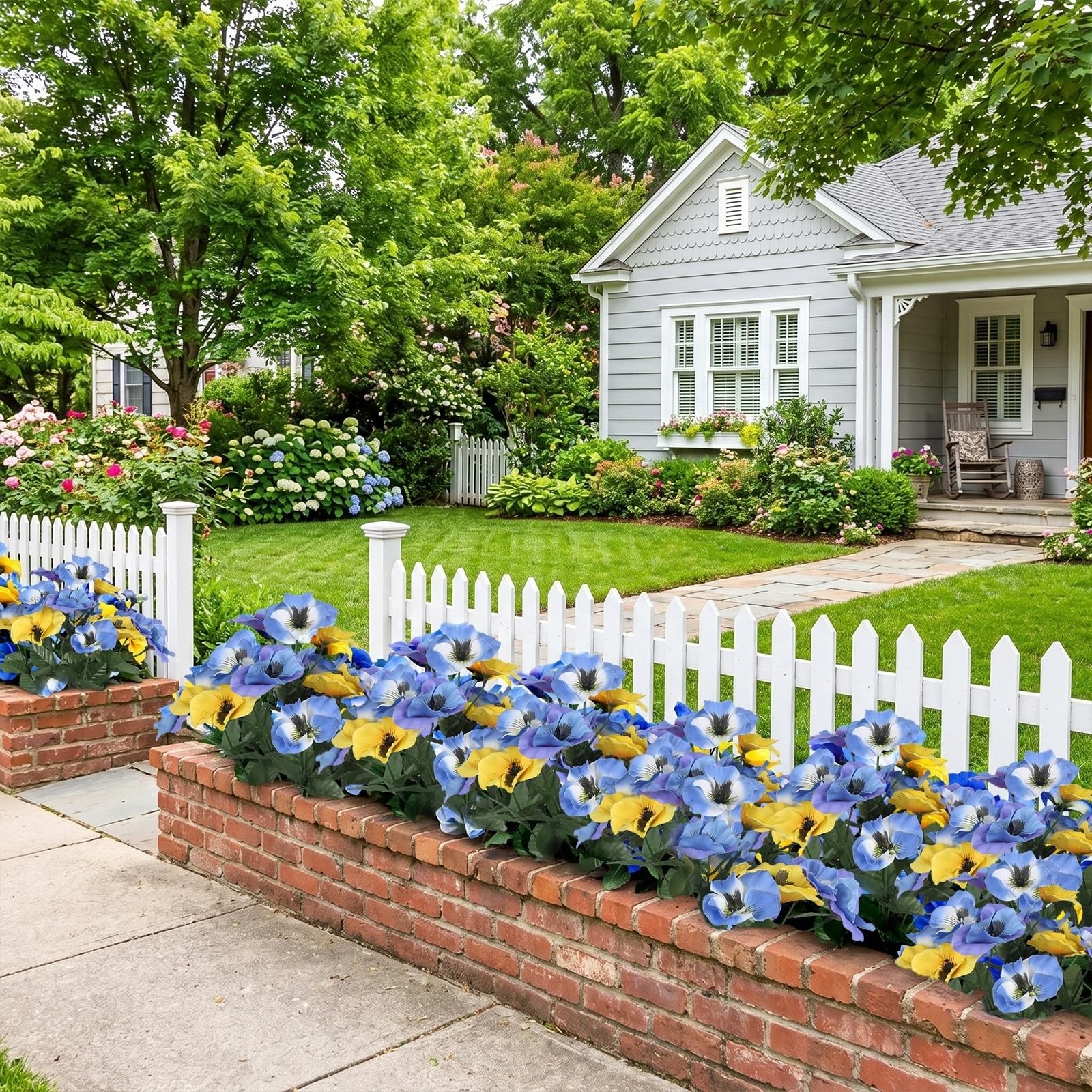 Famtores 6 Bundles Faux Pansies Outdoor UV Resistant, Blue and Yellow Artific…