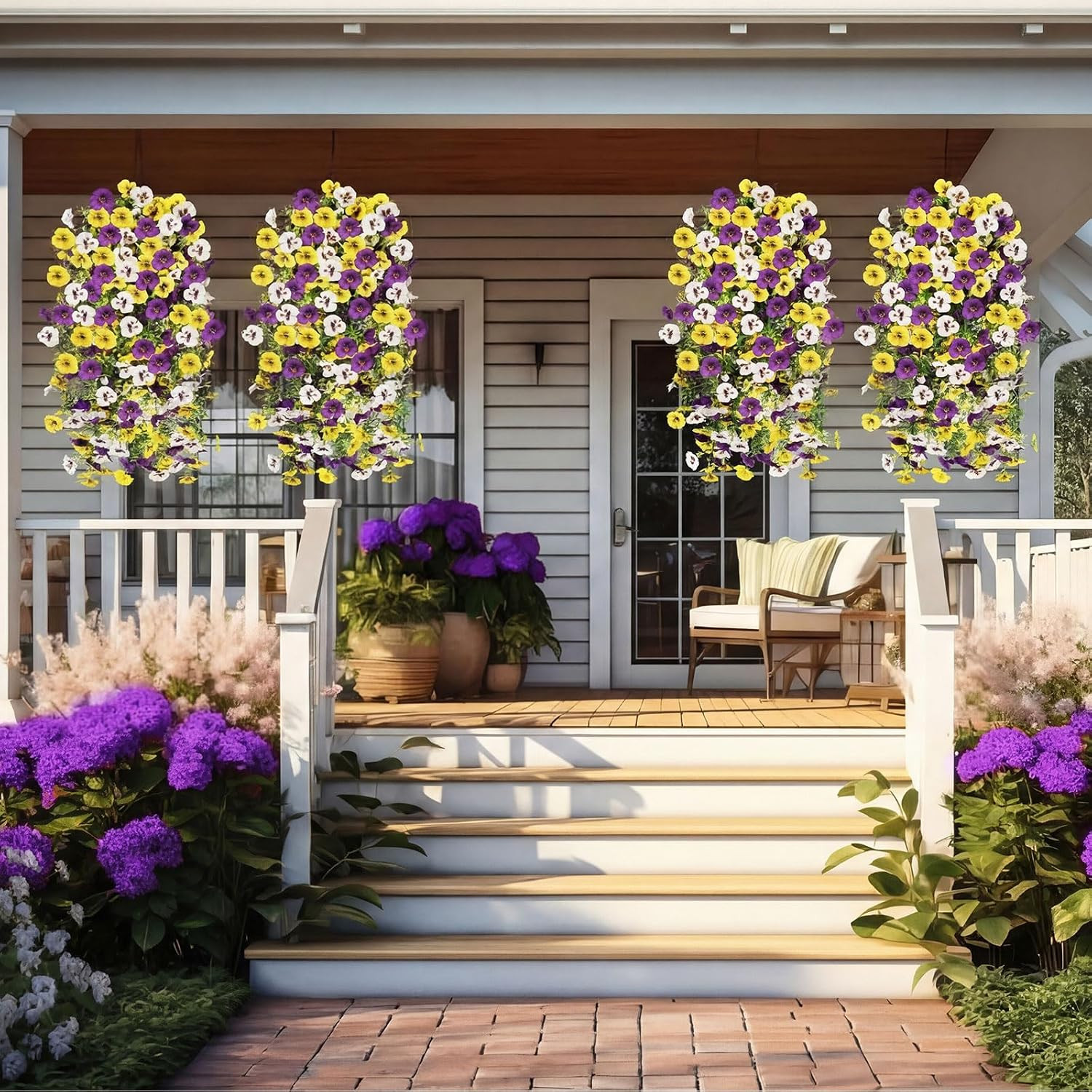 8 Pcs UV Resistant Hanging Pansy Flowers for Outdoor Spring Decor