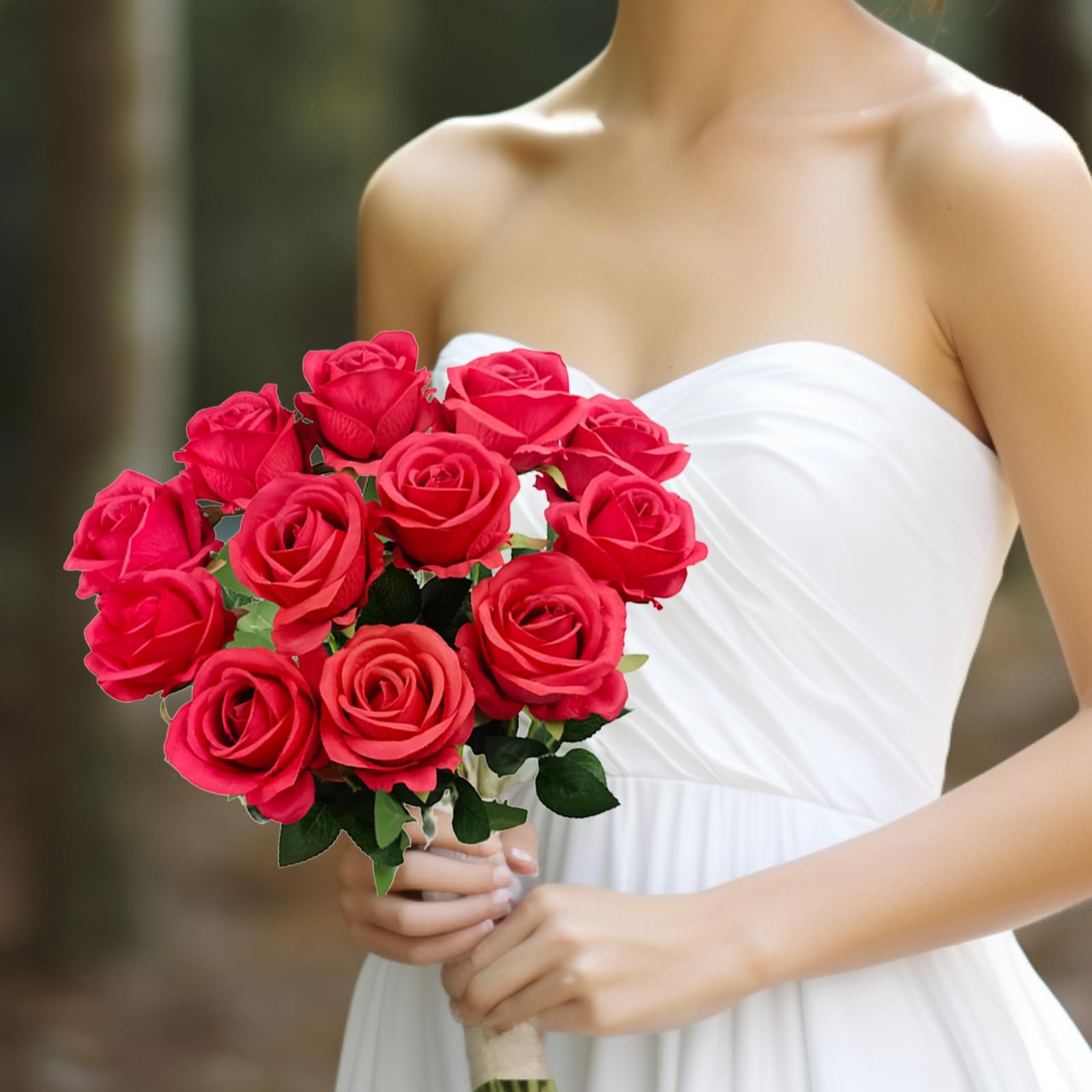12PCS Fake Red Roses Artificial Red Flowers Bulk, Silk Faux Roses with Stems for