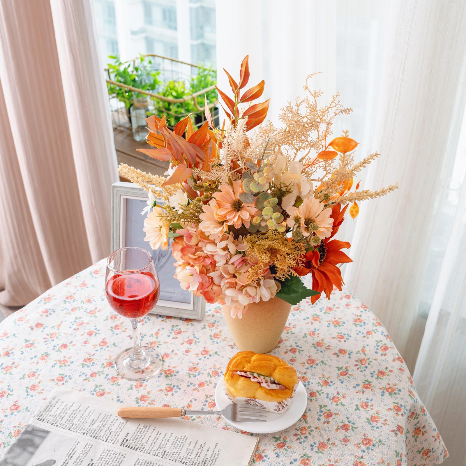 Artificial Fall Flowers Bouquet With Vase Faux Daisy Sunflower Table Centerpiece