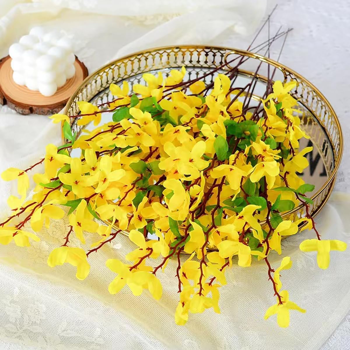 6Pcs Artificial Forsythia Flower Branches Spring Summer Yellow Silk Fake Wint…
