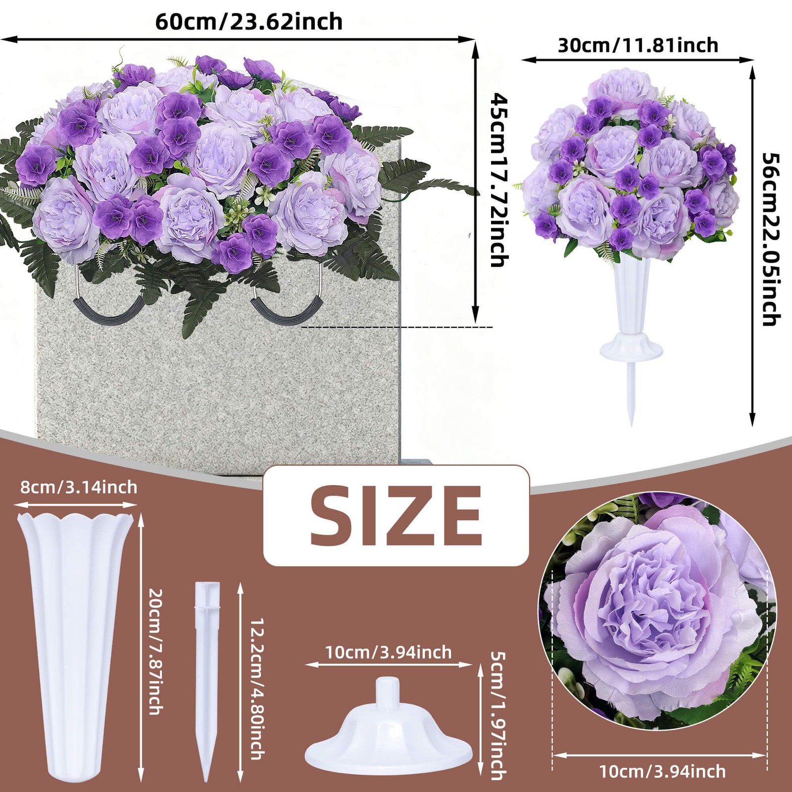 Grave Decorations for Cemetery Headstone Flower Saddle 2PC Artificial Peony F