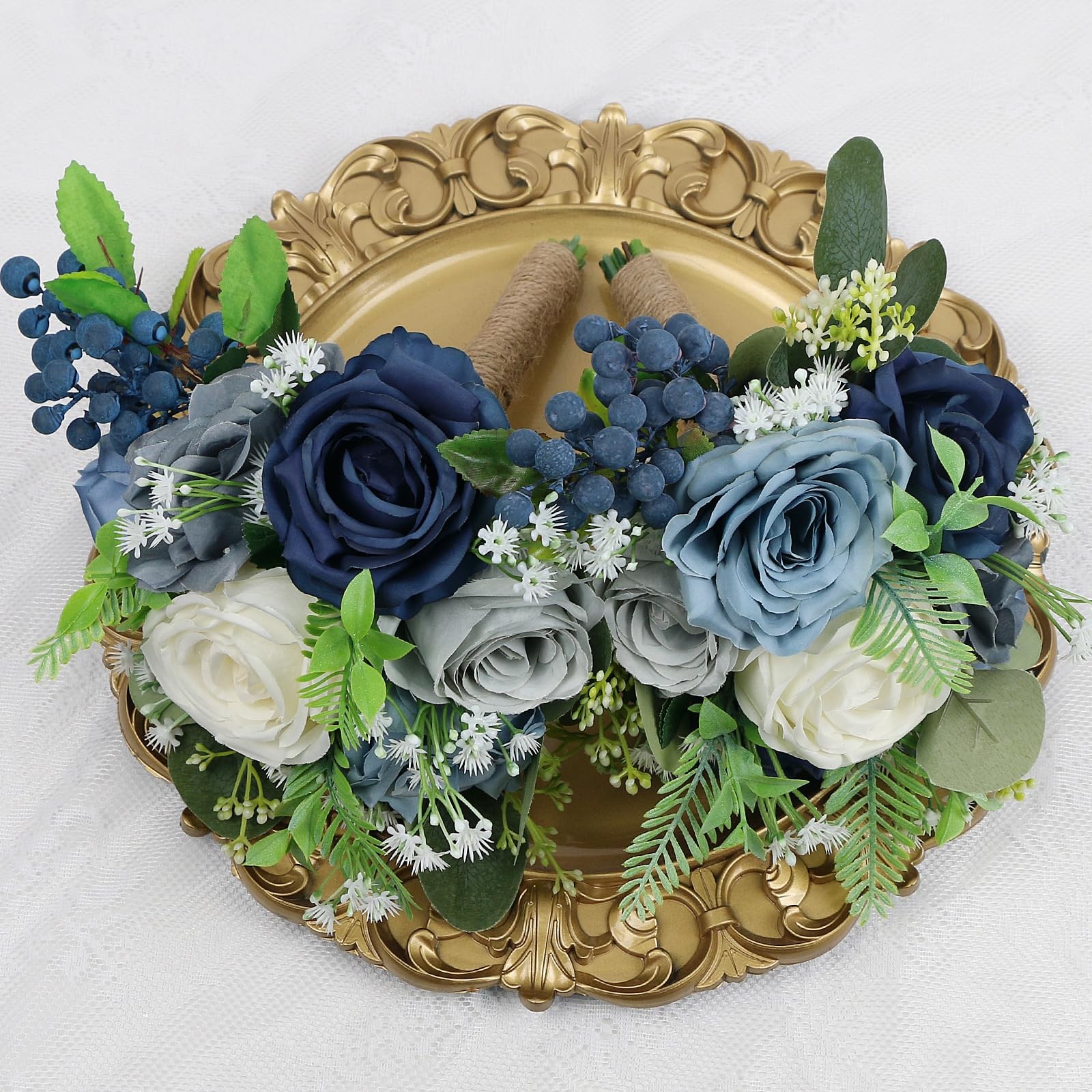 2 PCS 7 Inch Navy Blue White Artificial Bridesmaid Flowers Wedding Bouquets