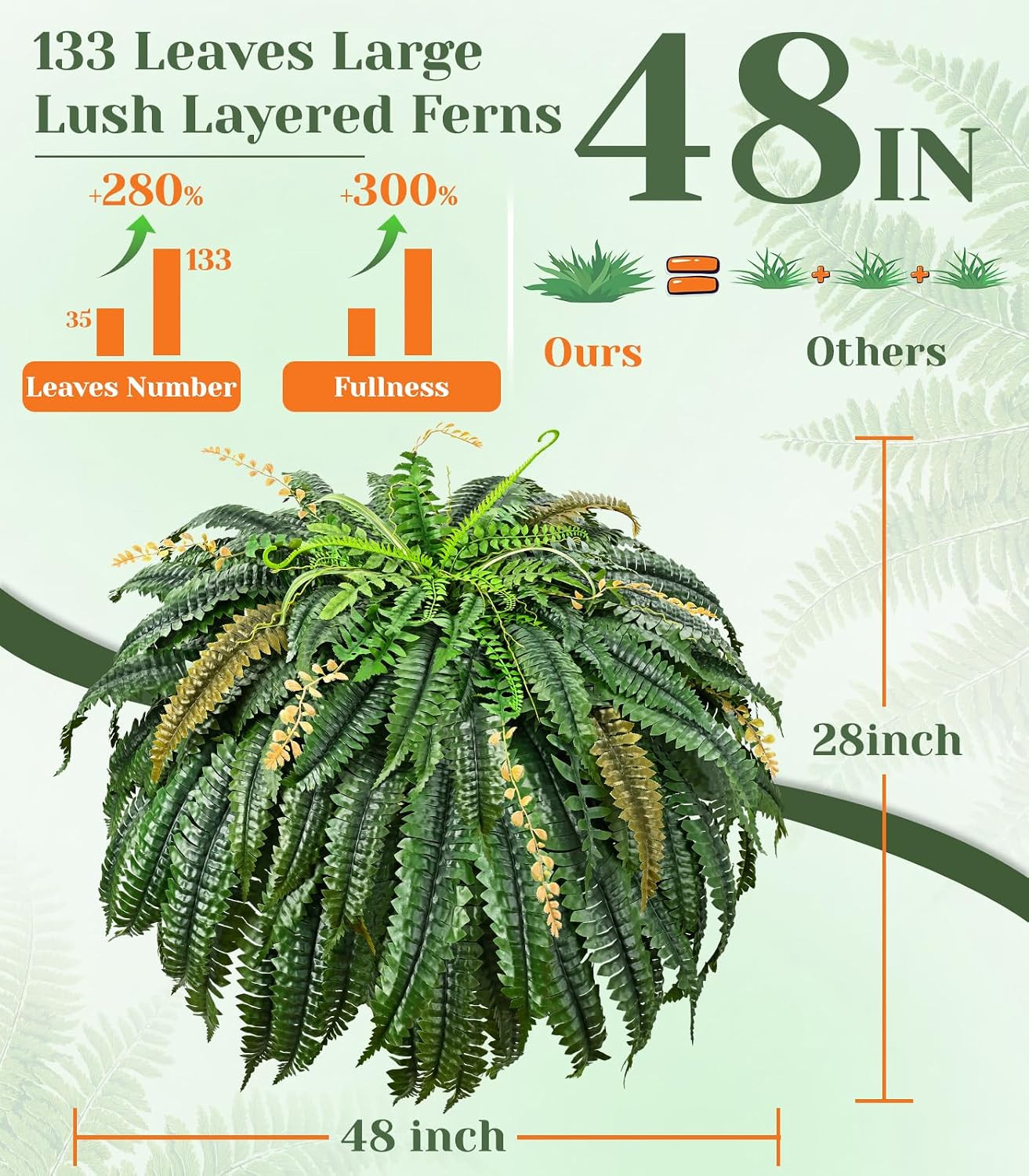 2PCS [133 Leaves Full Fake Ferns] Large Artificial Plants Outdoor, 48Inch Artifi