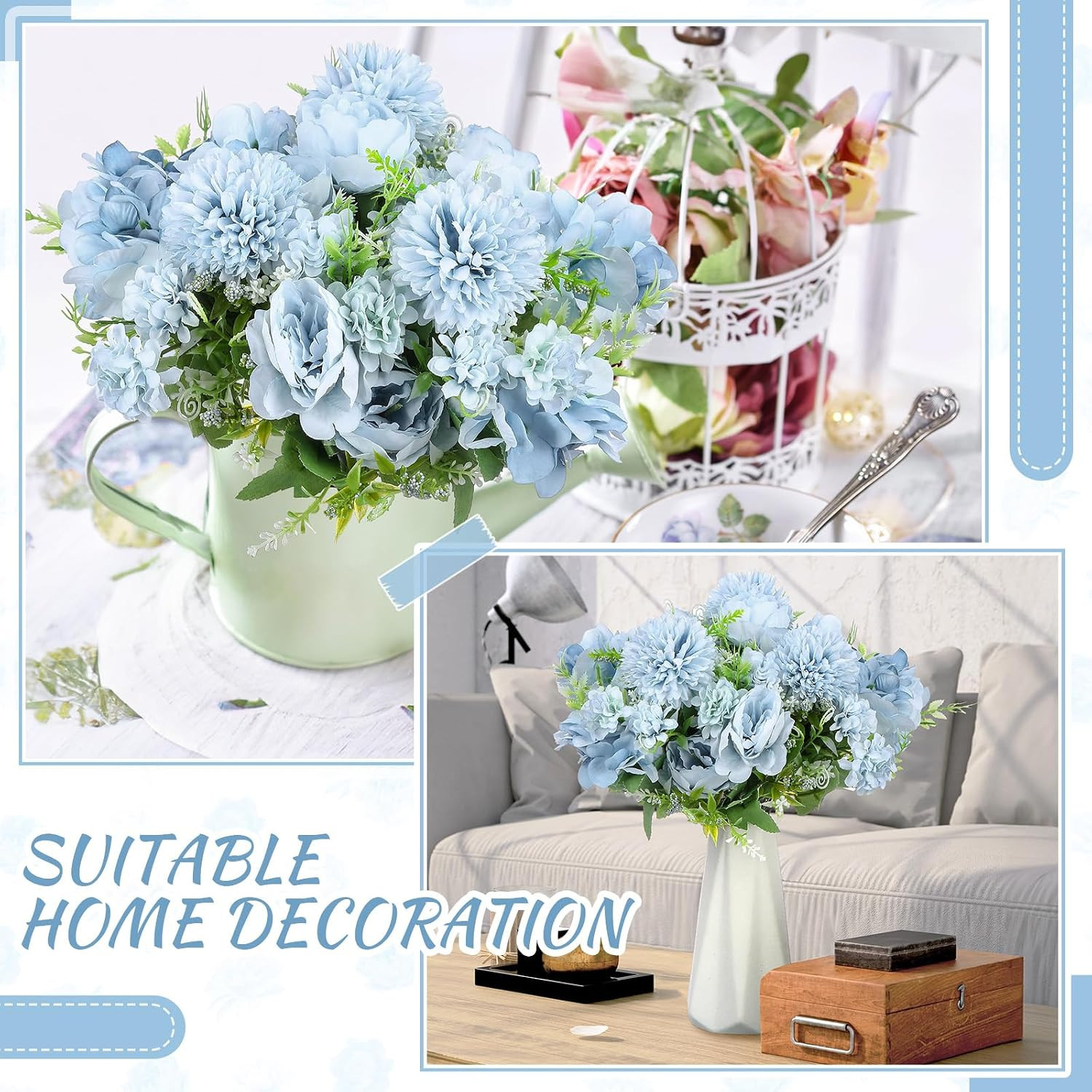 Realistic Silk Peony Hydrangea Bouquet – 8 Pcs Blue Faux Flowers for Decor