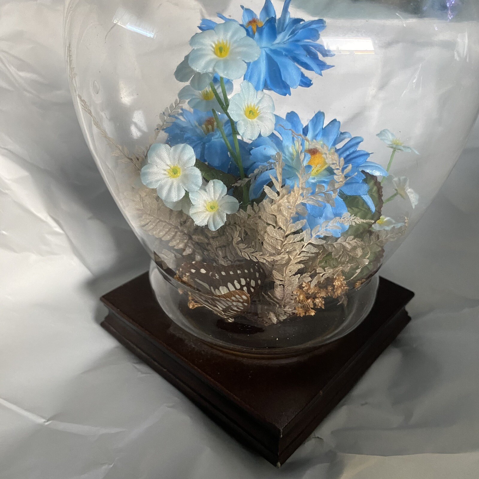 Silk Blue Flowers Glass Terranium Vintage Display Wood Stand Base