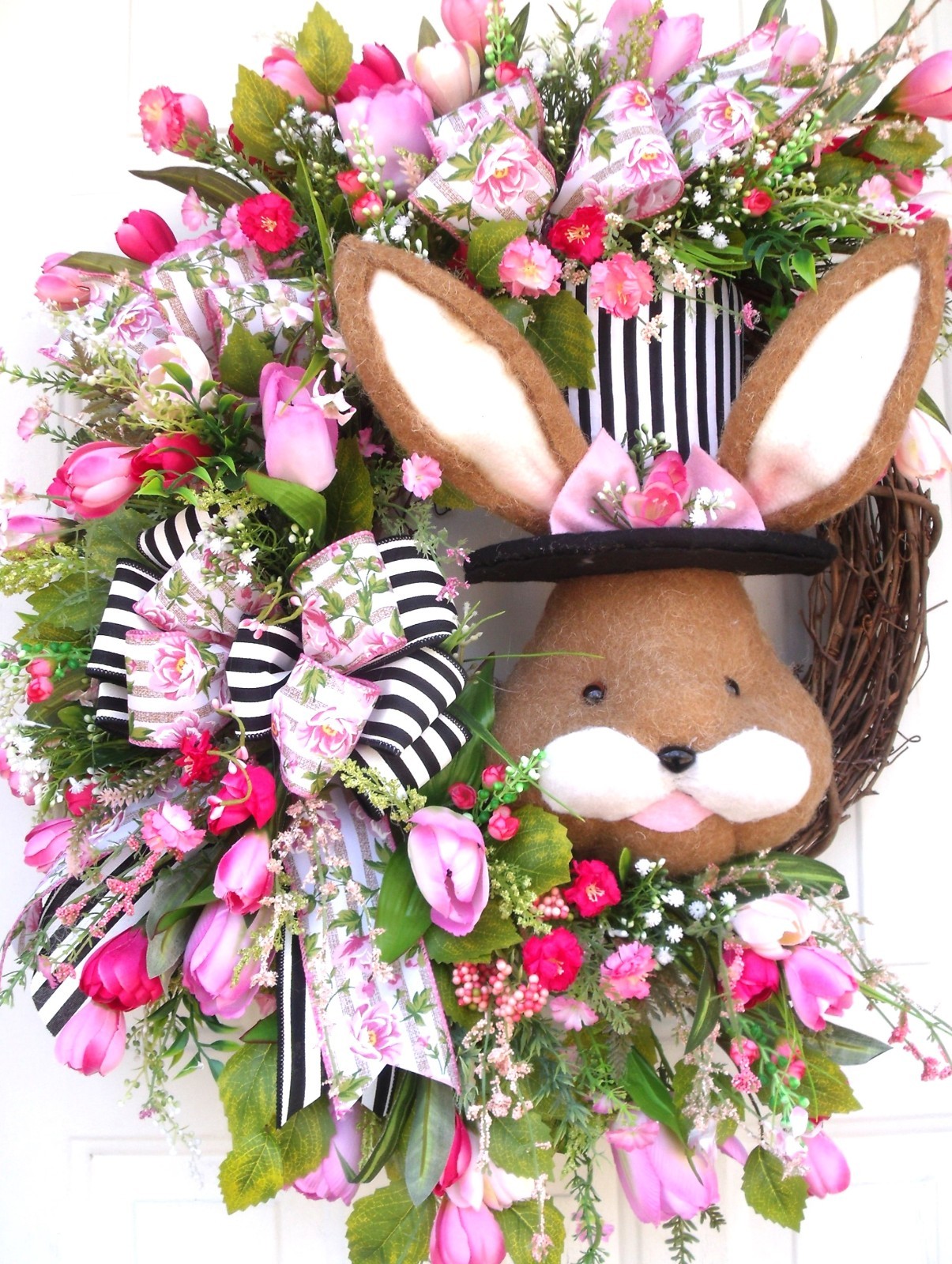 Spring Easter Bunny Wreath, Door Decor Pinks/Black/Whites