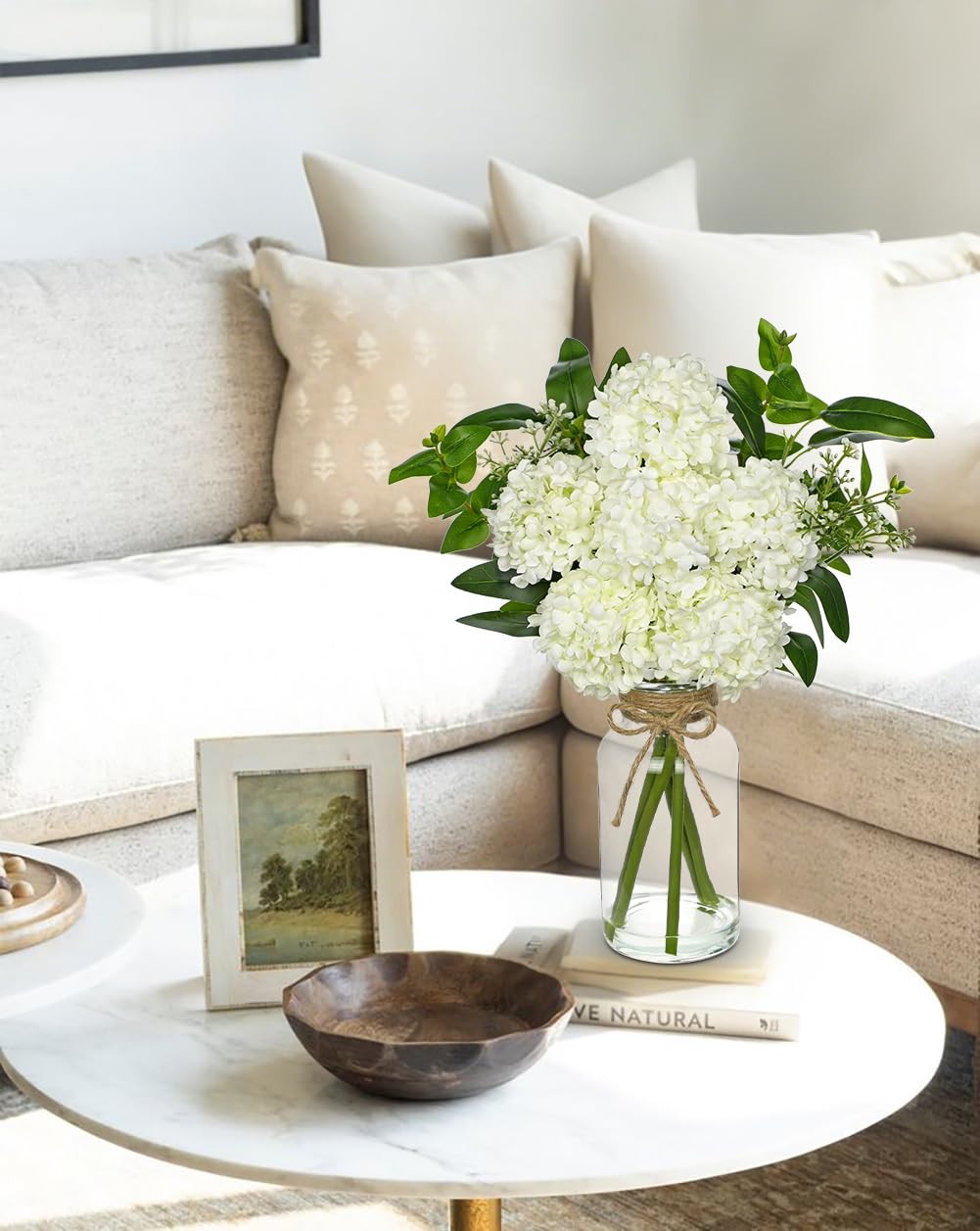 White Hydrangea Artificial Flowers in Clear Glass Vase with Faux Water Silk H…