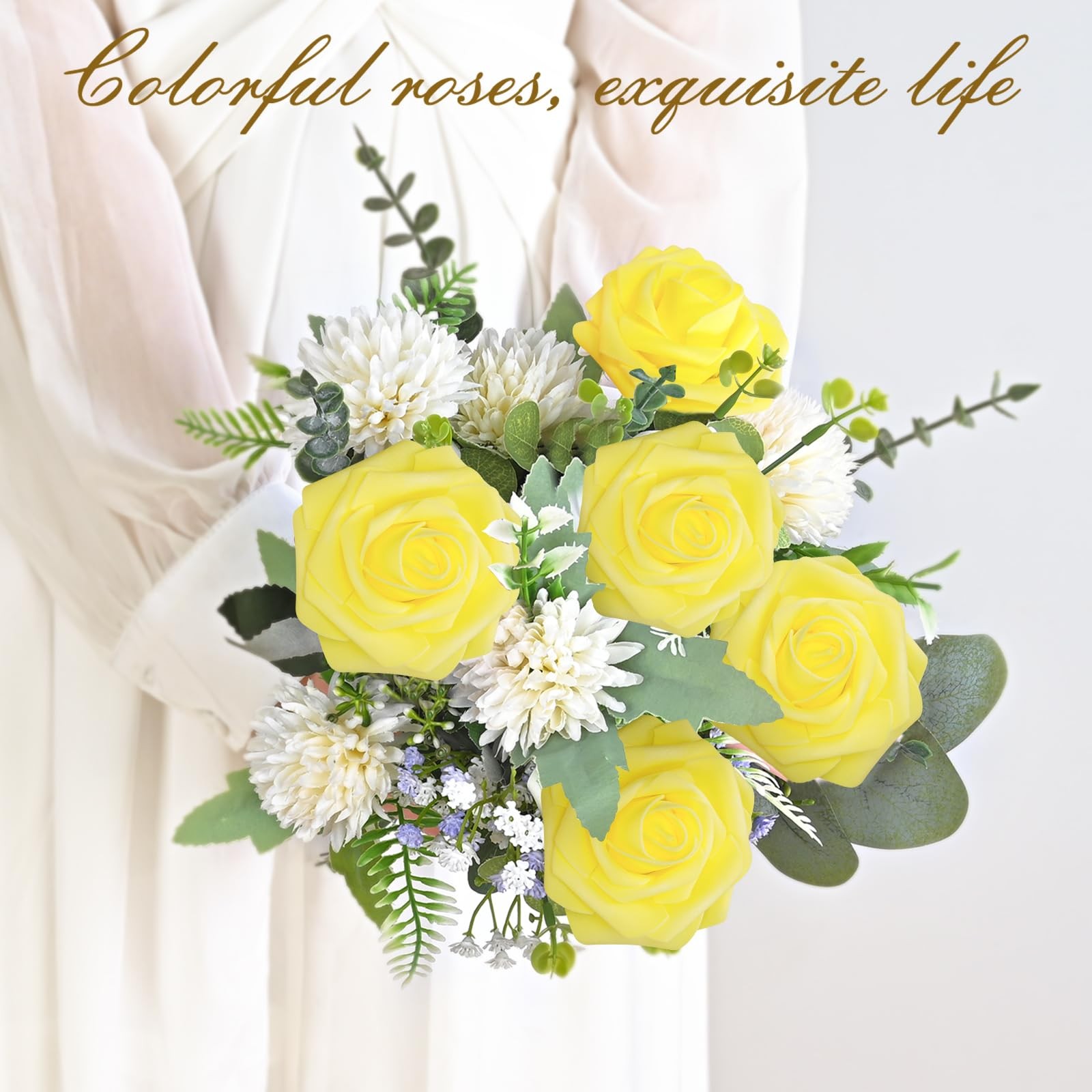 16Pcs Artificial Flowers Fake Roses with Stems, Yellow Boxed Foam Roses for D…