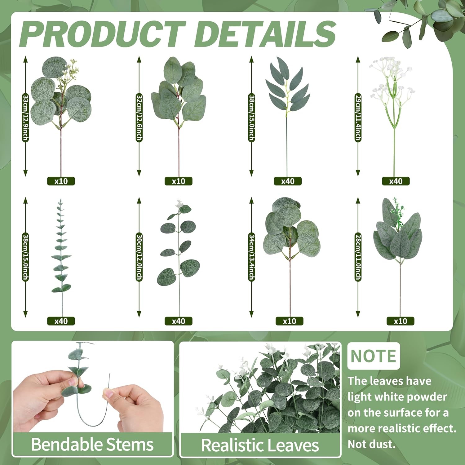 200 Pcs 8 Kinds Mixed Artificial Eucalyptus Stems Bulk Fake Silver Dollar