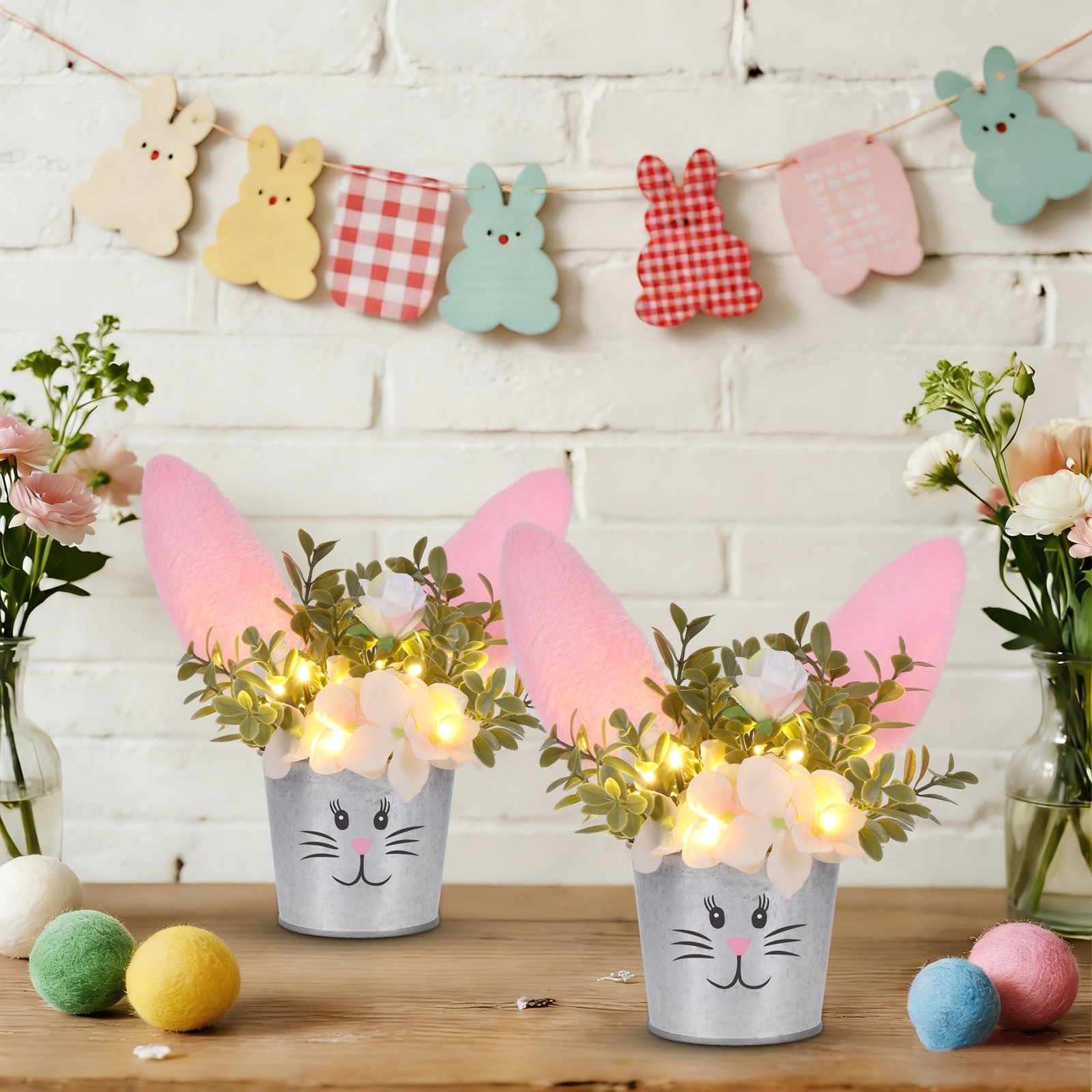 2 PCS Easter Table Decorations Artificial Flower With Bunny Ear Lighted