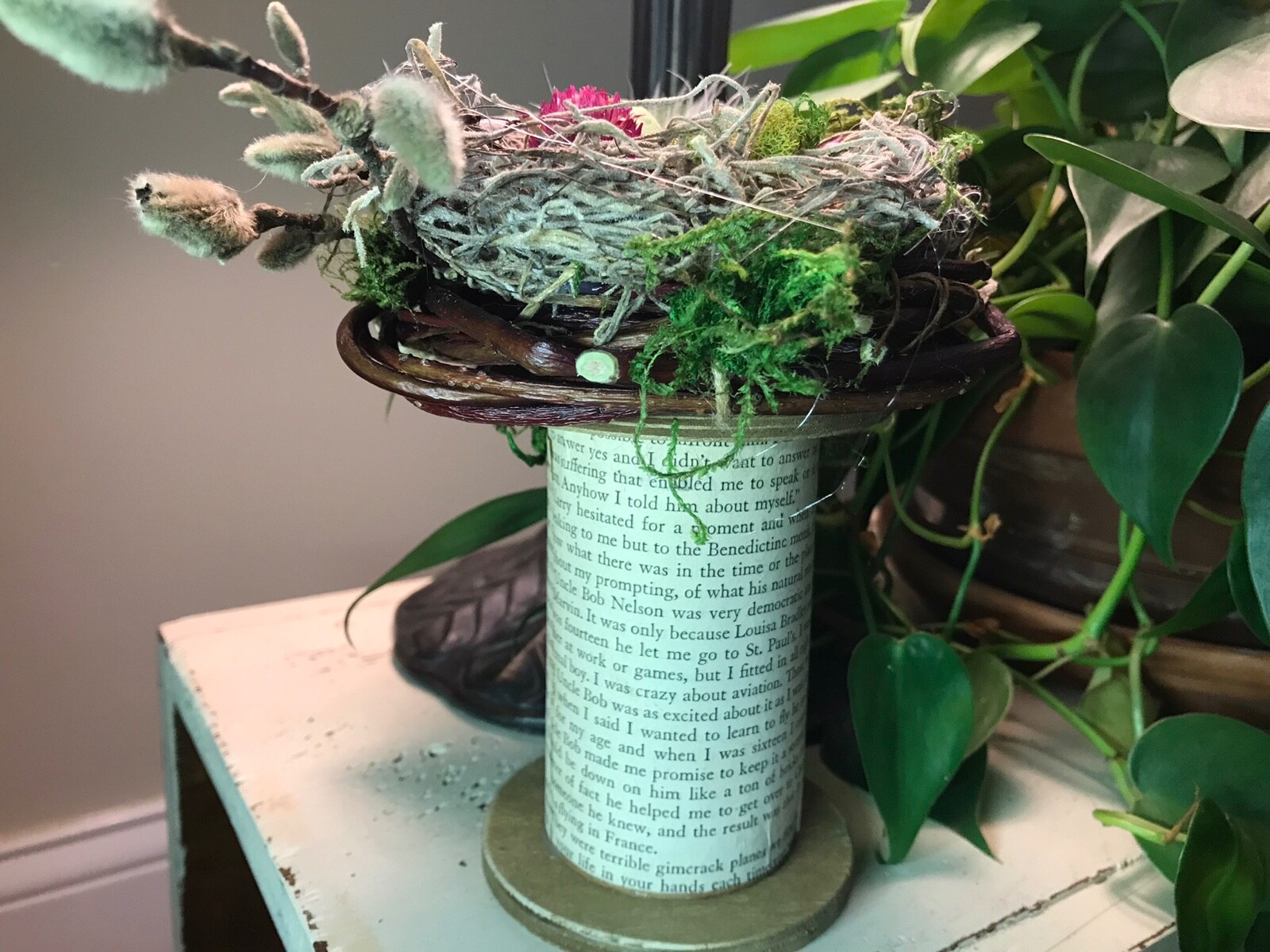 Birds nest on pedestal|Spring decor|natural & faux elements|5 1/2”
