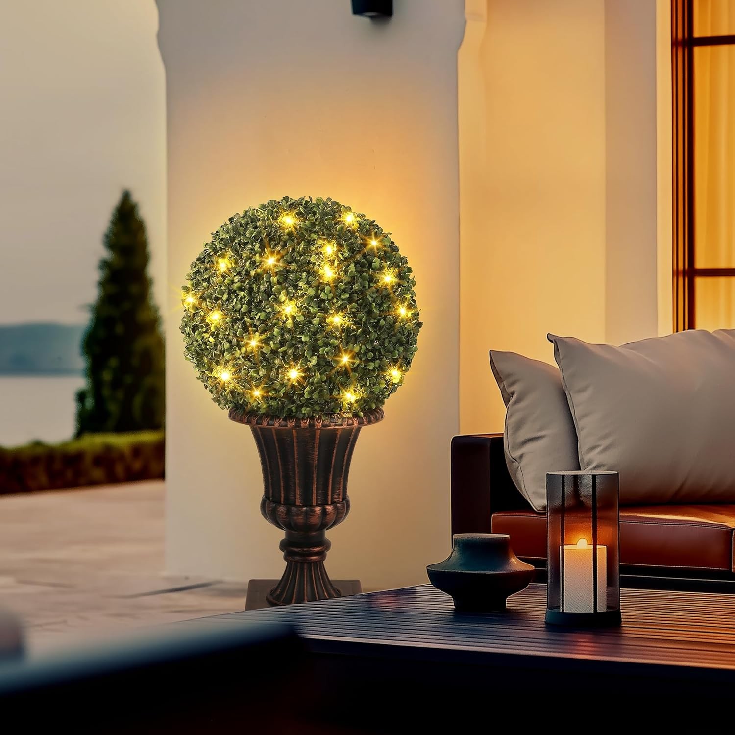 16″ Pre-Lit Artificial Plant with Lights Timer Remote Control Outdoor Ball Tree