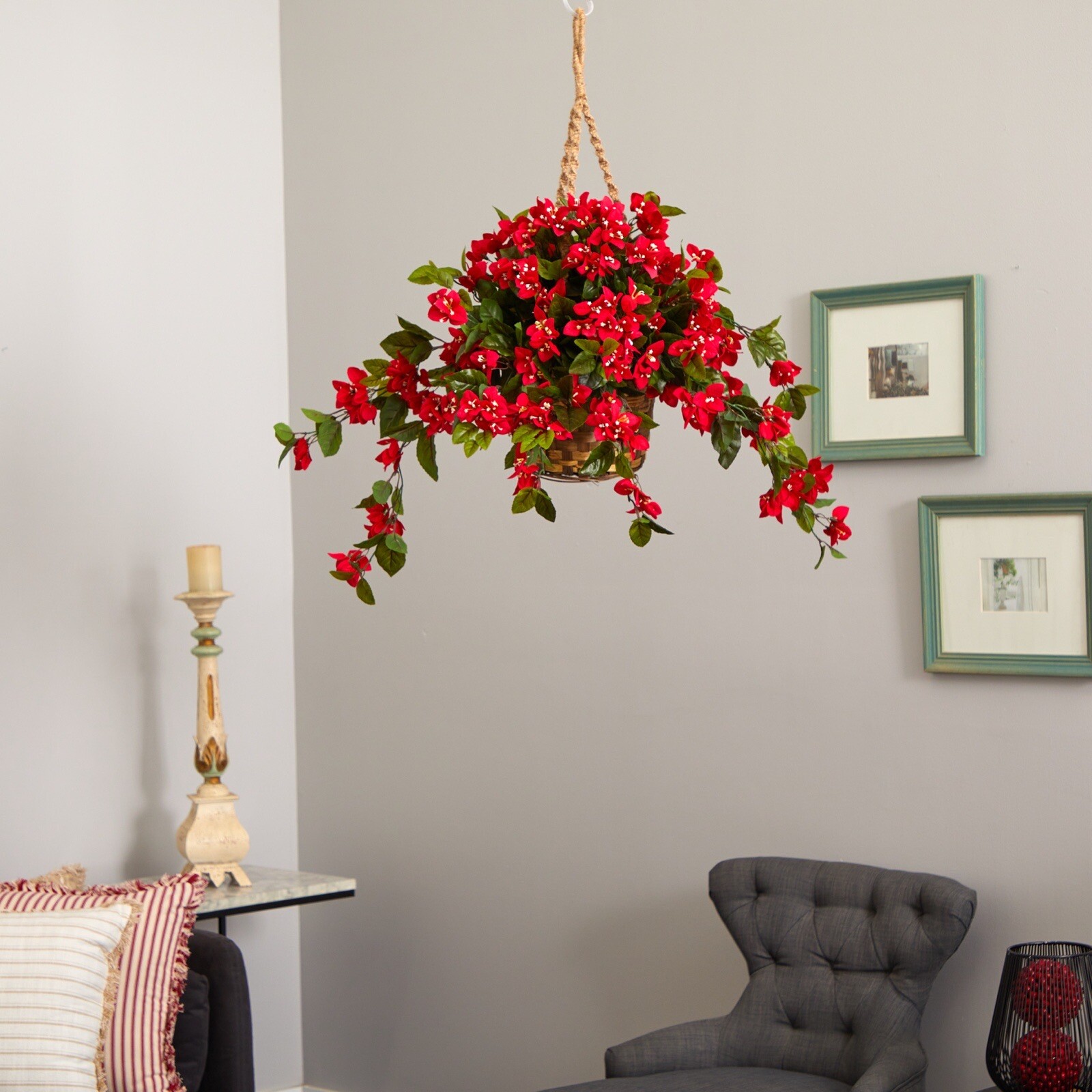 28” Bougainvillea Artificial Hanging Basket UV (Indoor/Outdoor) Home Decor.
