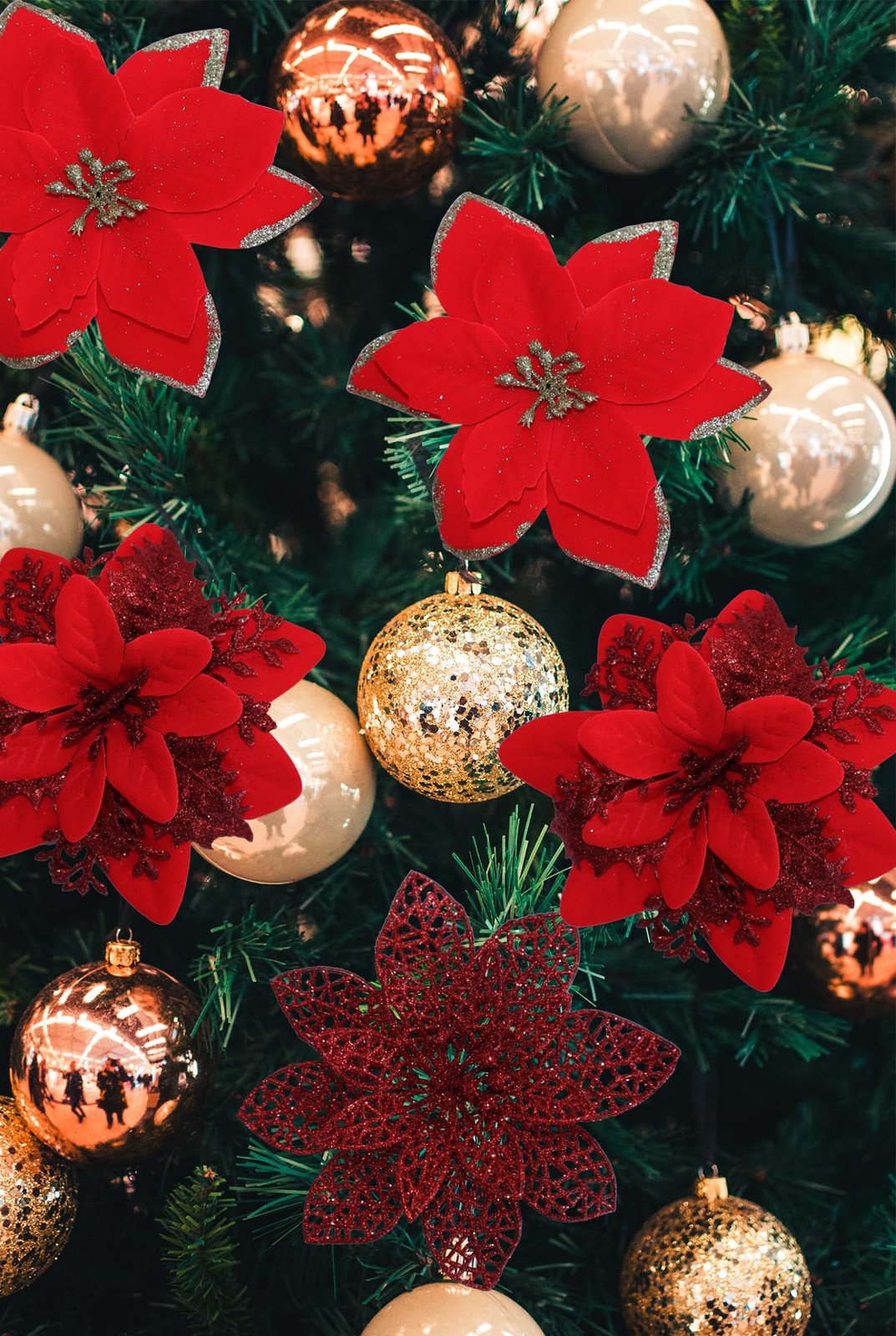 48 Pcs Fake Poinsettia Glitter Flowers and Berry Stems Artificial Red Christm…