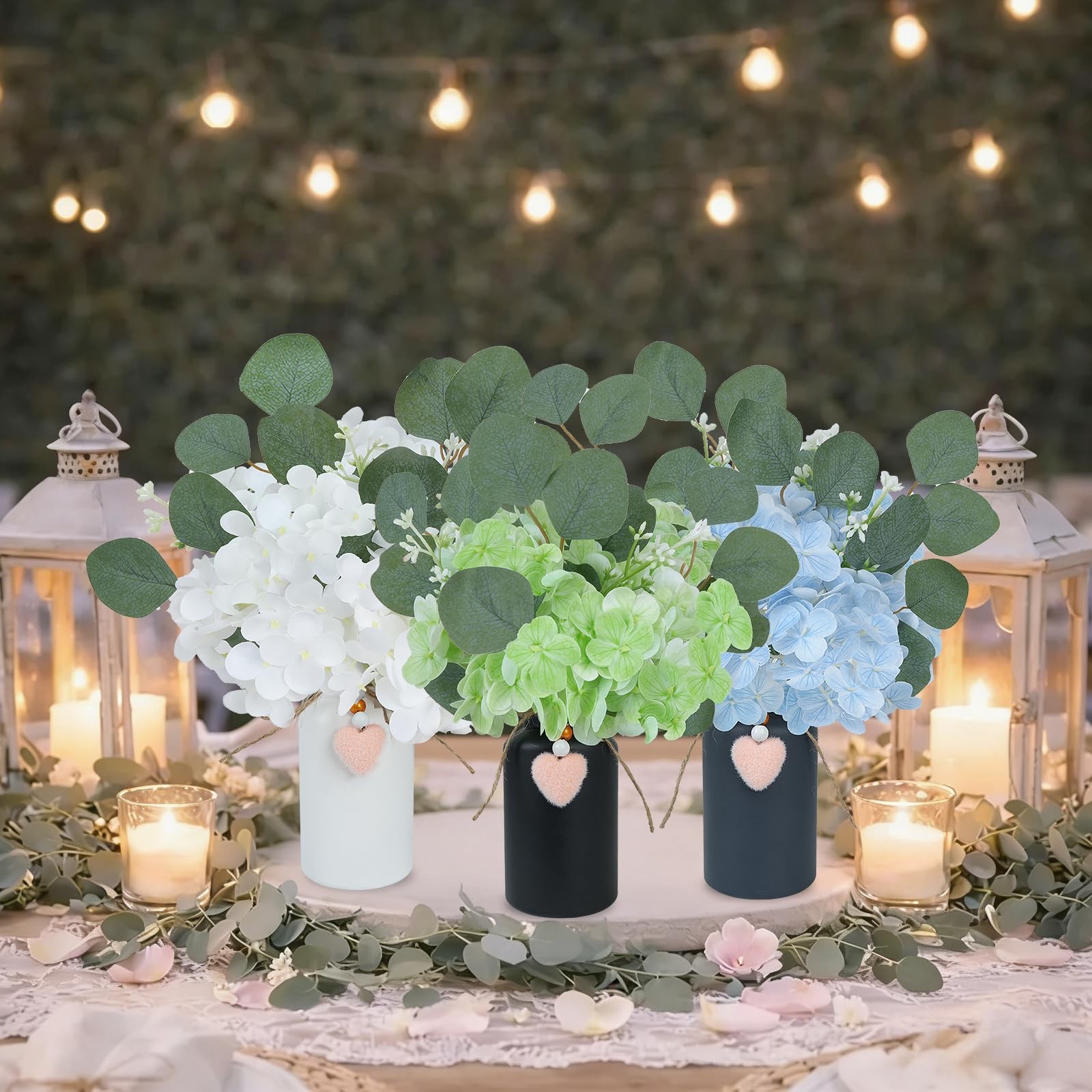 Artificial Hydrangea Flowers in Mason Jar Vase, Set of 3 Faux Hydrangea and E…