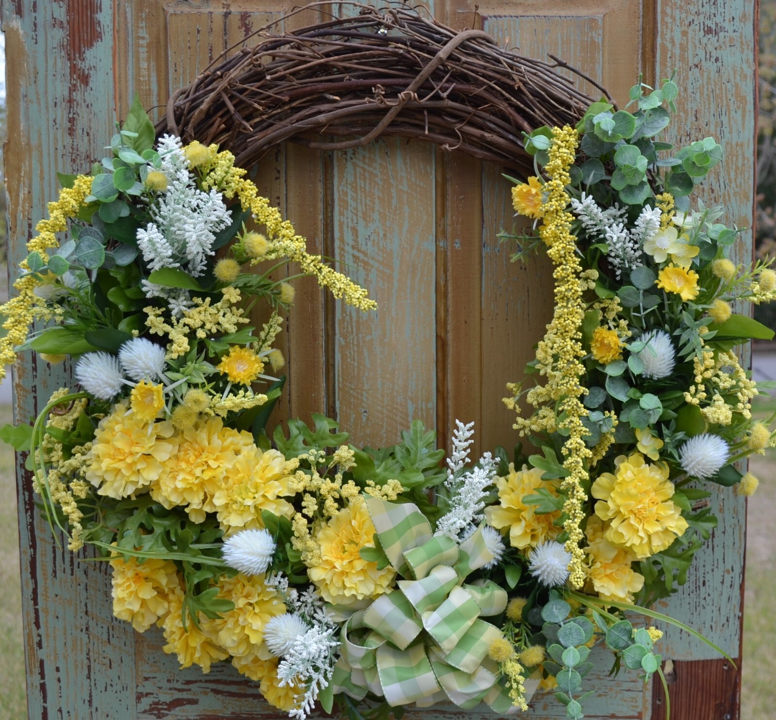 Custom faux floral wreath…mixed yellow florals with white accents and greenery
