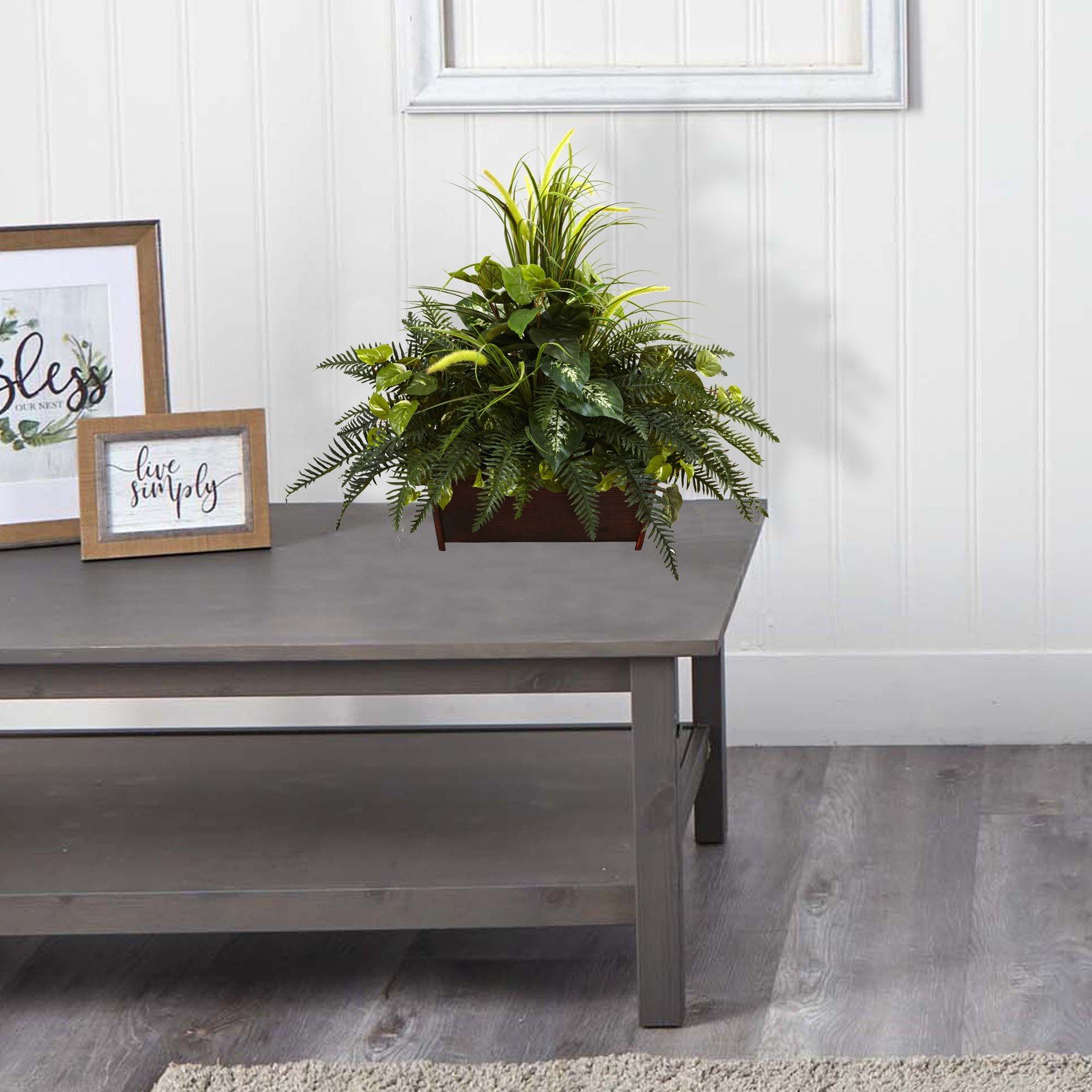 Nearly Natural Mixed Grass & River Fern with Wood Planter in Green