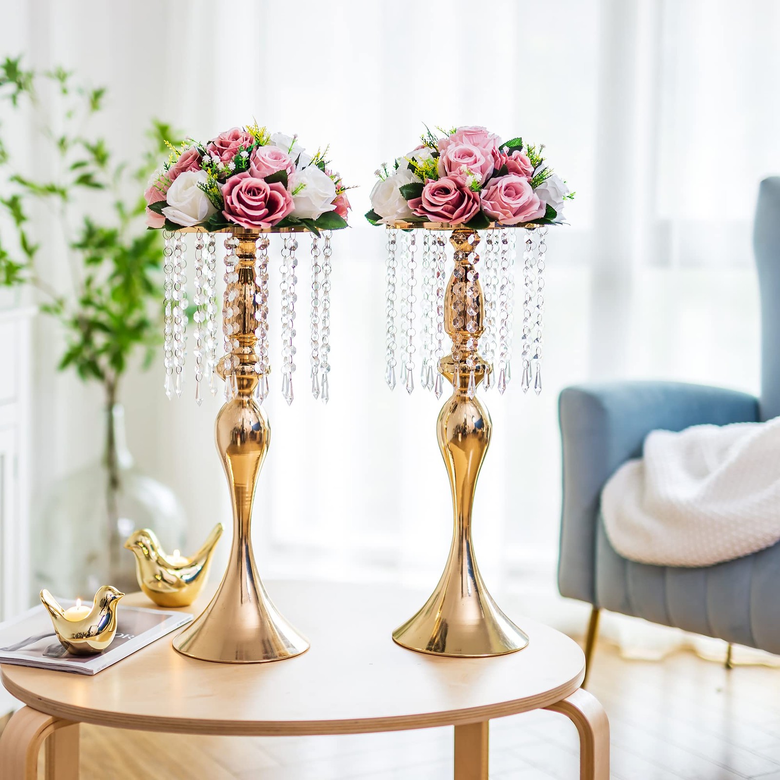 2 PCS Flower Centerpieces Wedding Table Decorations Dusty Rose White Balls