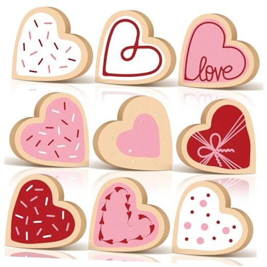 9 Pcs Valentine’s Day Wooden Heart Signs Valentines Tiered Tray Decor 6 Cookie