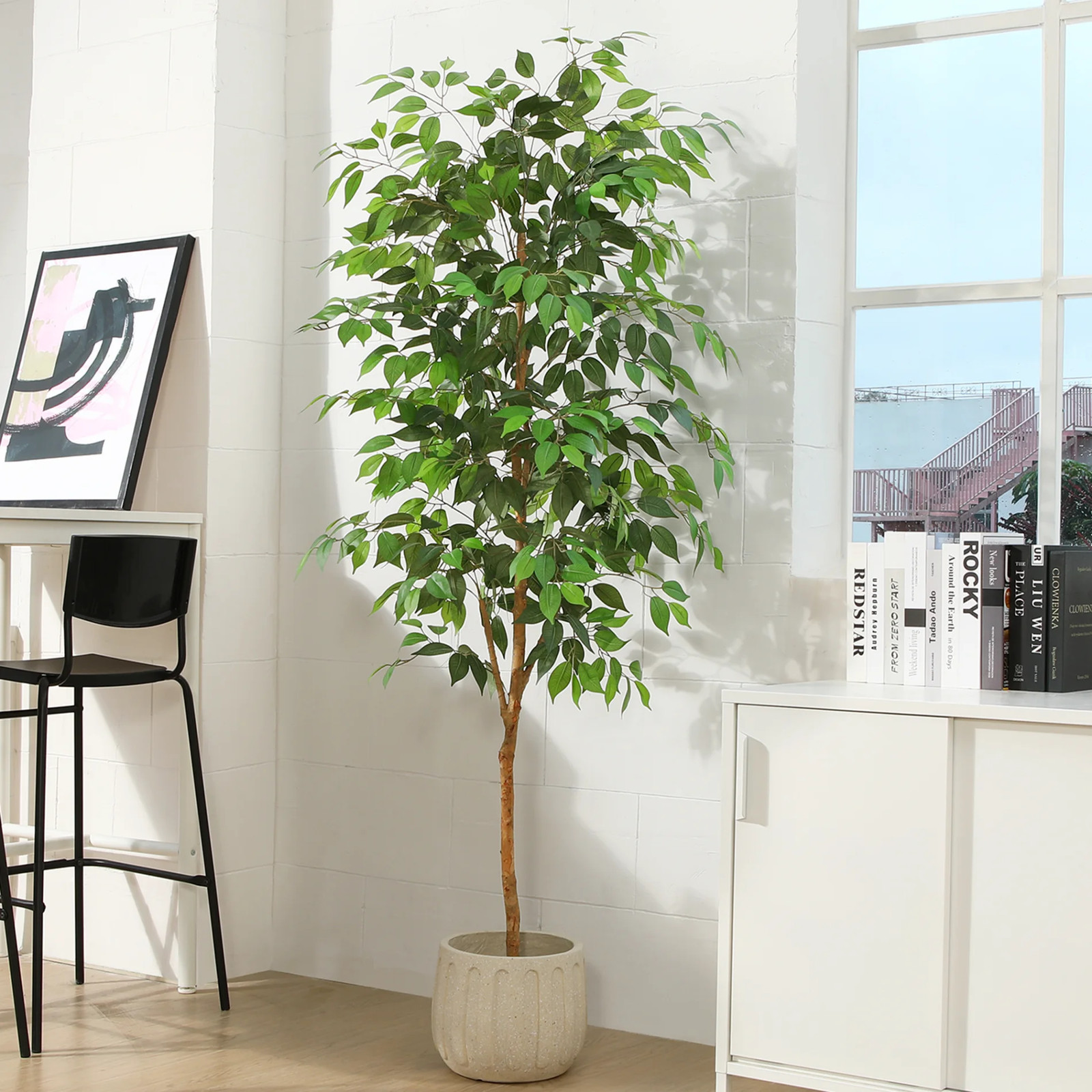6FT Artificial Ficus Tree Natural Wood Trunk Lifelike Leaves Fake Potted Tree