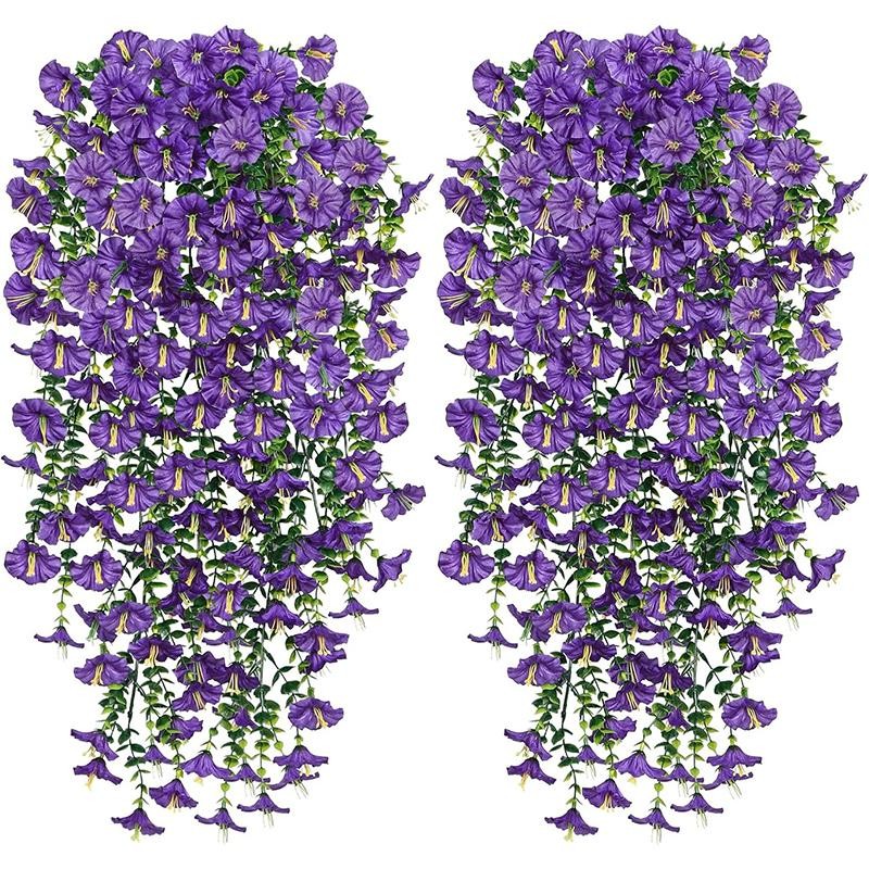 Artificial Hanging Flowers Purple Morning Glory Vines UV Resistant Decor