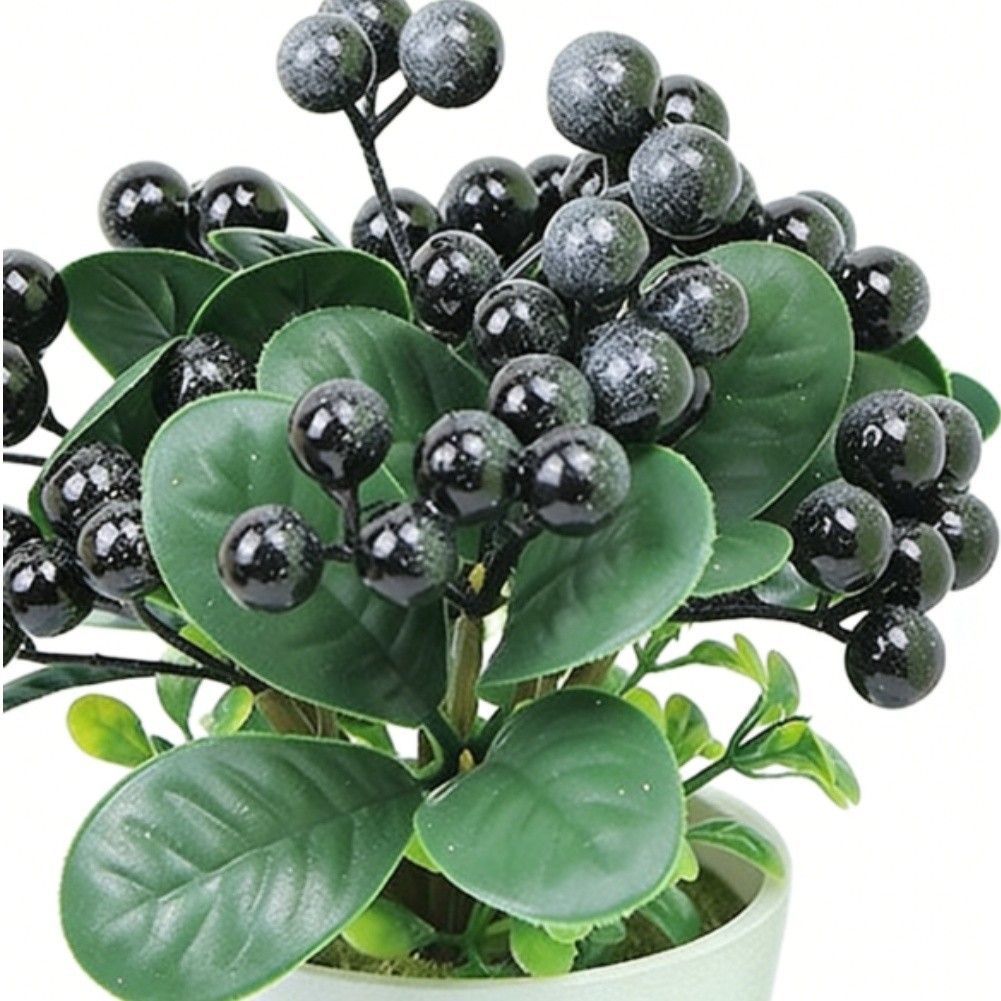 Potted Plastic Blueberry Holly Plant with Lifelike Berries and Foliage