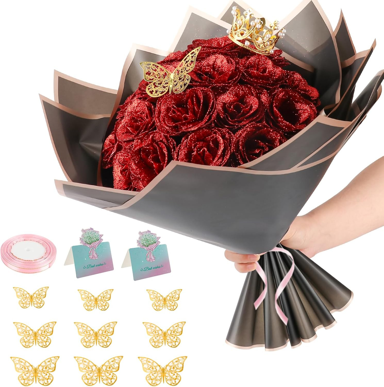 Glitter Roses Bouquet, 24 Roses DIY Fake Glitter Flowers Bouquet, Everlasting…