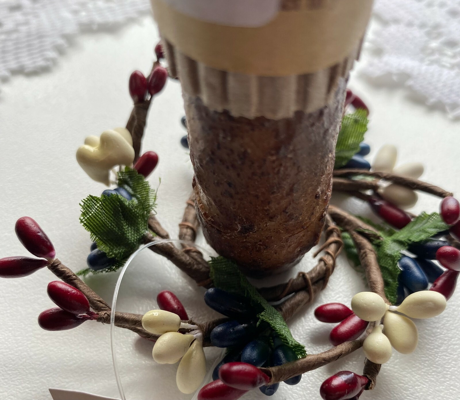 2 CWI New Burgundy ,Blue, and Ivory Pip Berry Candle rings with 1″ opening