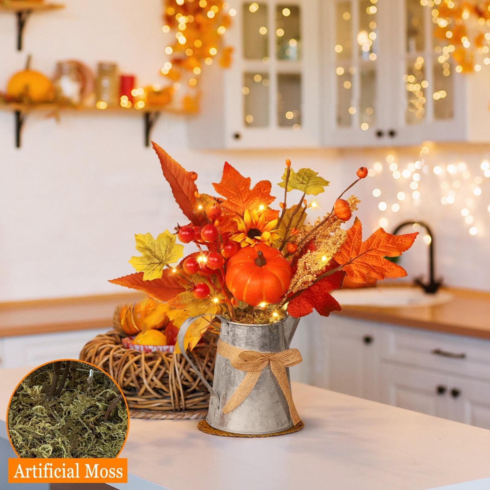 [Light & Timer] Fall Decor Table Centerpiece Rustic Metal Milk Jug with Artif…
