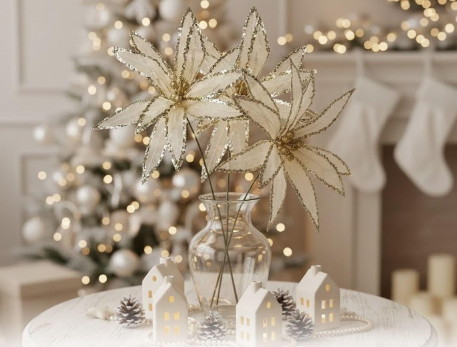 Glitz Sheer Wired Poinsettia Stem – Ivory/Gold Christmas Holiday Flower Pick