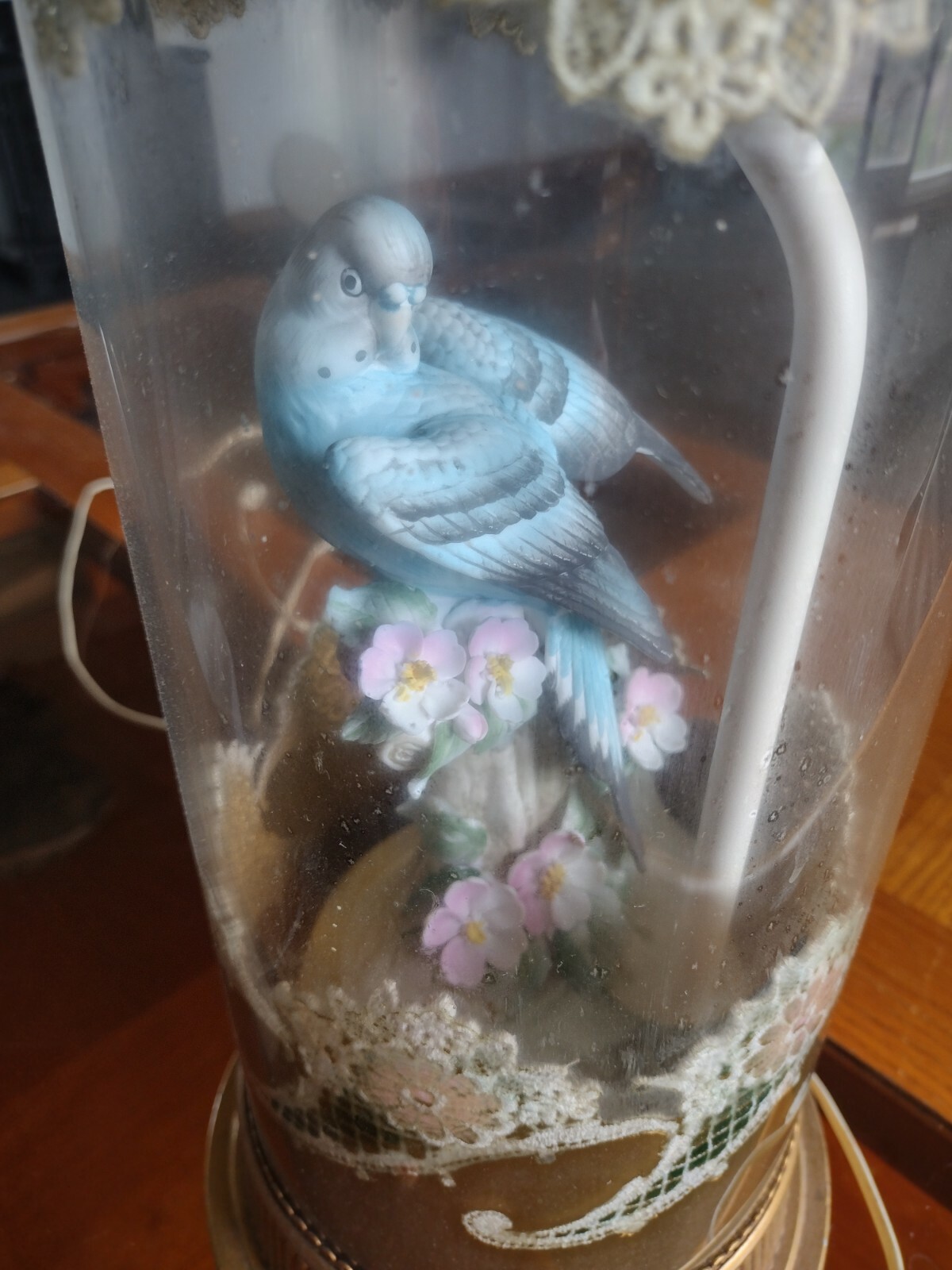 Vintage Antique Glass Lamp Decorated Floral and Bird inside 36″ tall SEE SEE