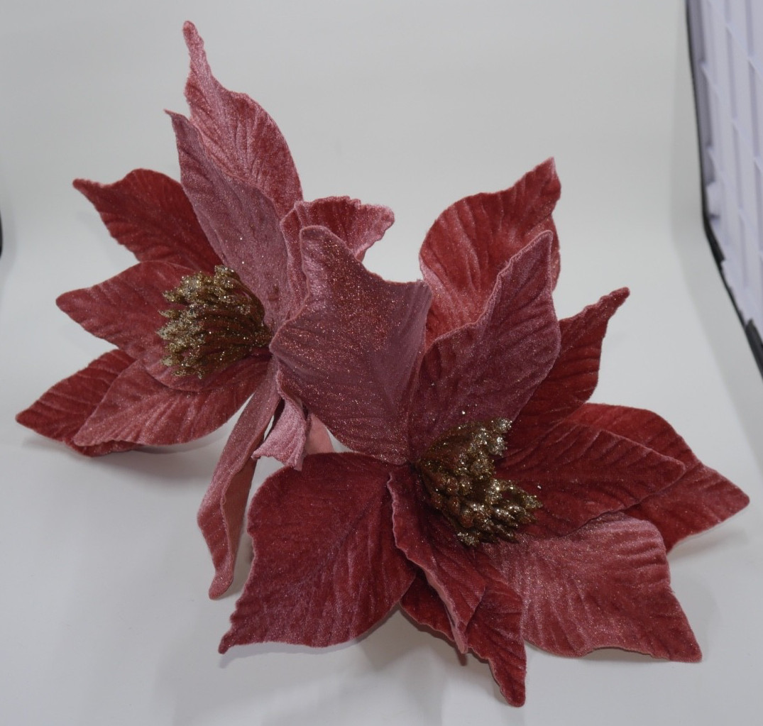 Jumbo Pink Poinsettia Velvet Touch Gold Sparkle Holiday Christmas Picks 2pc LOT