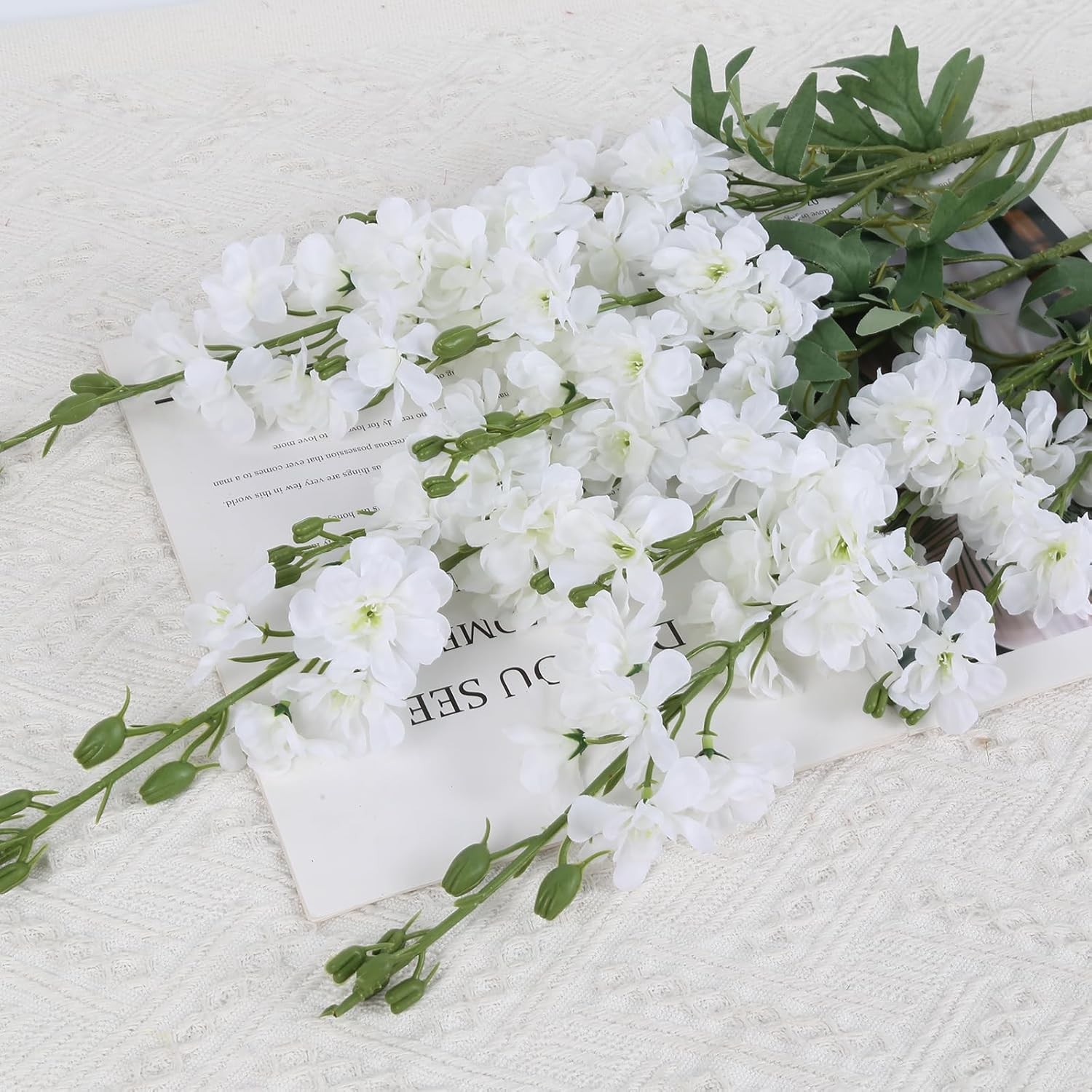 White Delphinium Artificial Flowers 5PCS 38.5″ Tall Stems for Floor Vase