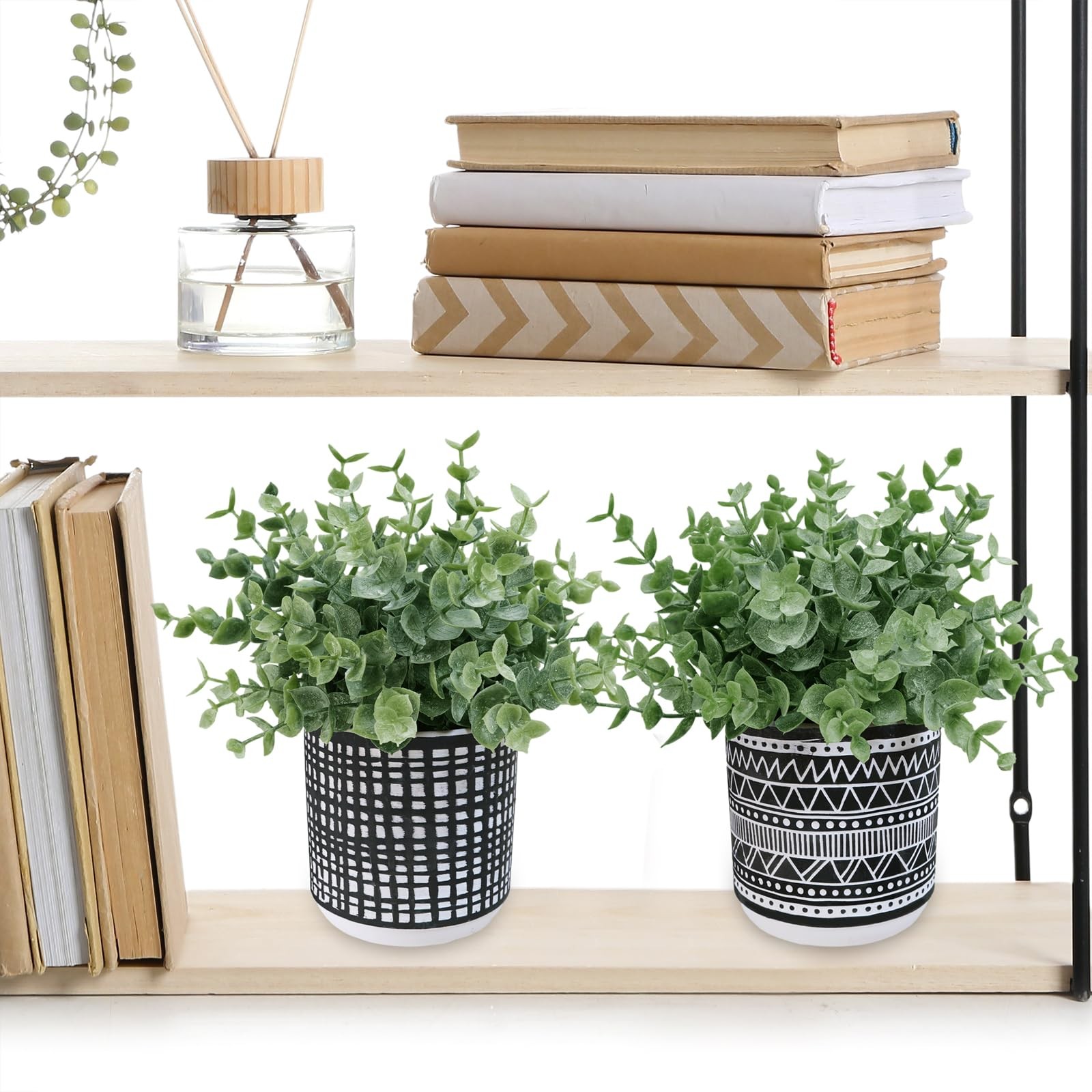 Set of 2 Small Potted Plants Artificial Eucalyptus Plant in Black Geometric C…