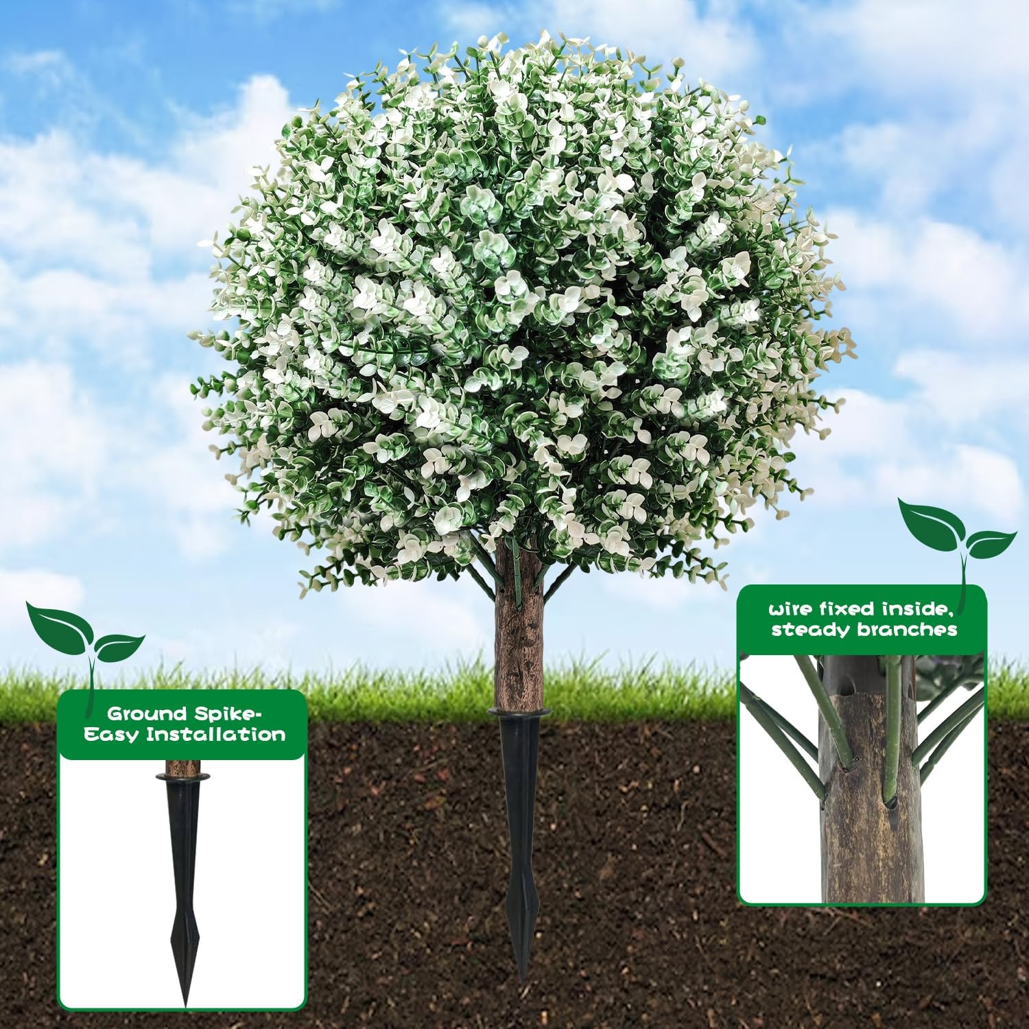 2 Pack 24.5″ Artificial Boxwood Topiary Ball Trees Outdoor, White Faux Bushes…