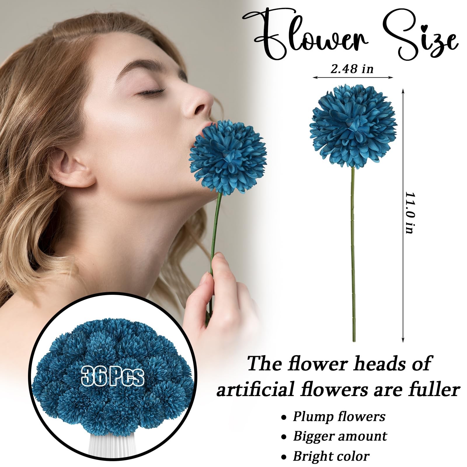 36 Pcs Teal Silk Chrysanthemum Ball Faux Mums Artificial Flowers Set