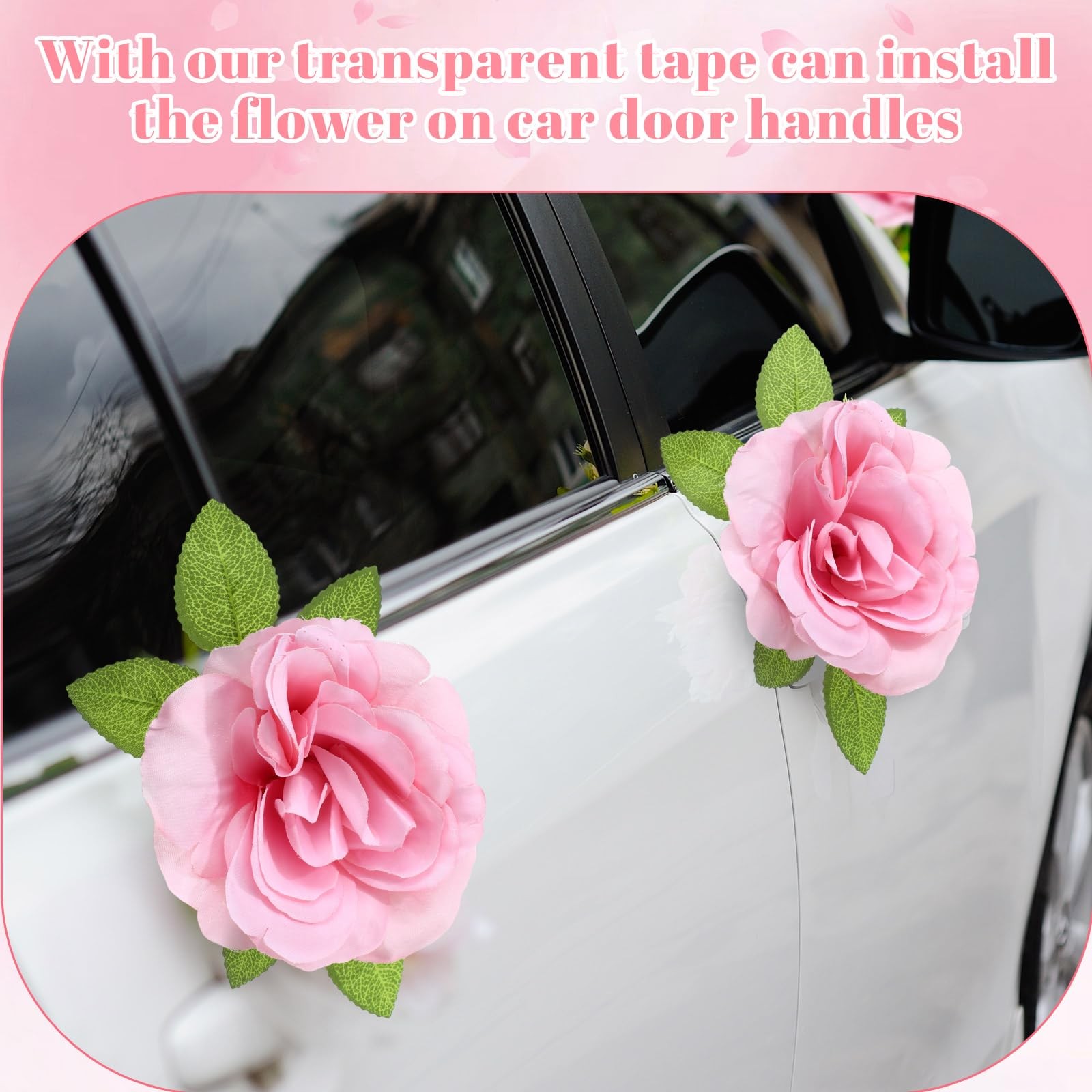 Wedding Car Decorations Pink Artificial Flowers Rose Bouquet Ribbon Set Decor