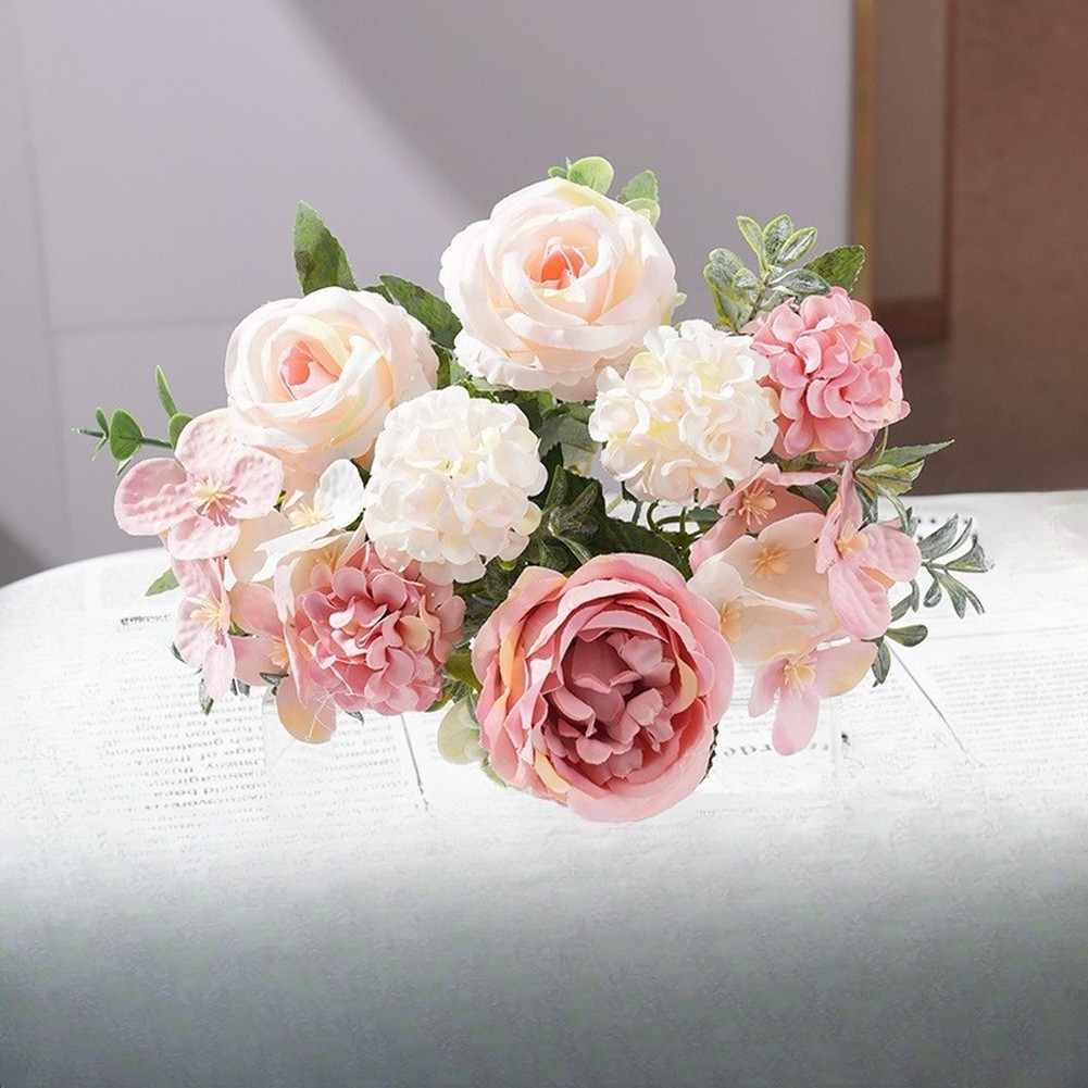 Artificial Silk Bouquet Roses Peonies Hydrangeas White Pink Mauve Purple