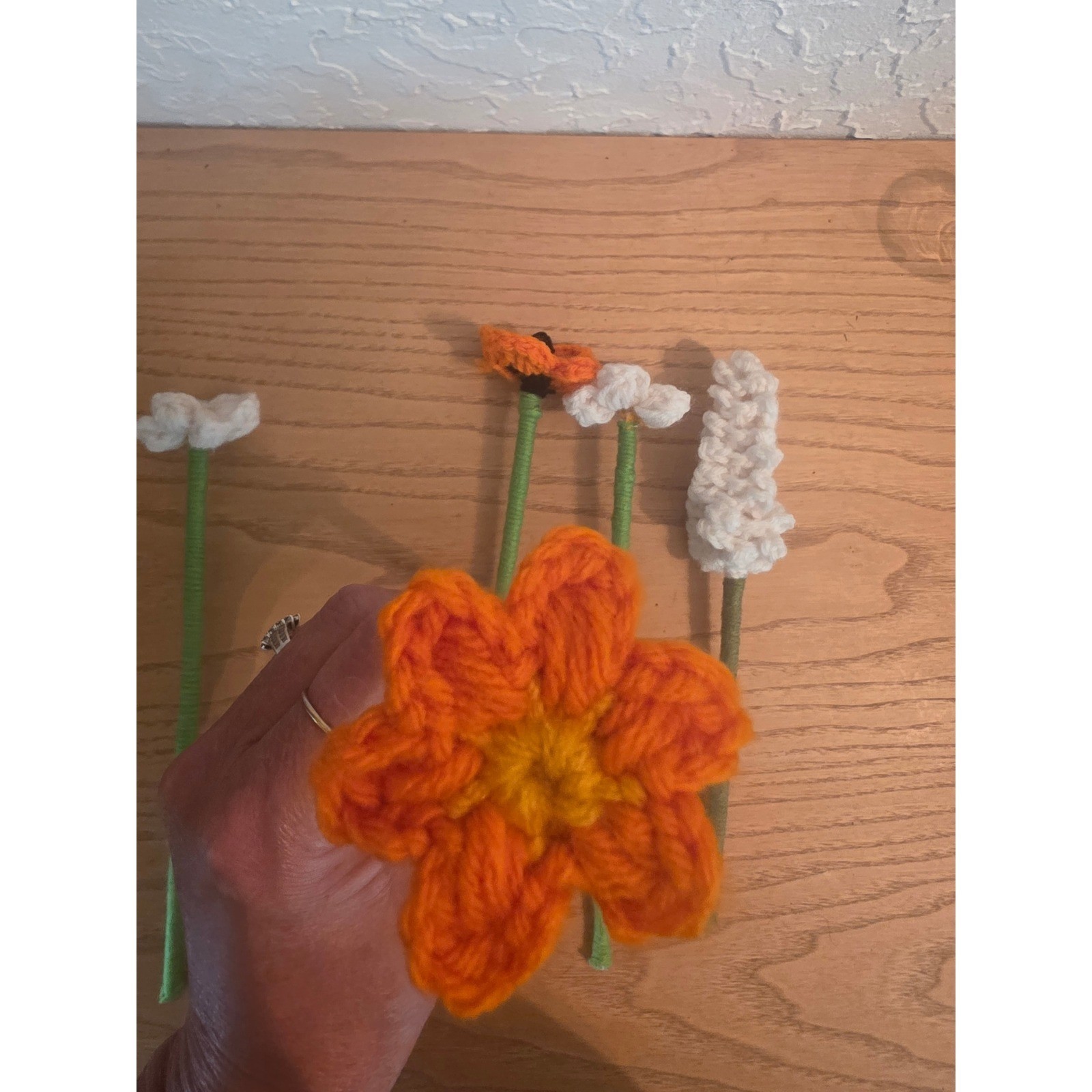 Handmade Crochet Flower Bouquet Orange White Floral Arrangement 5 Piece Set